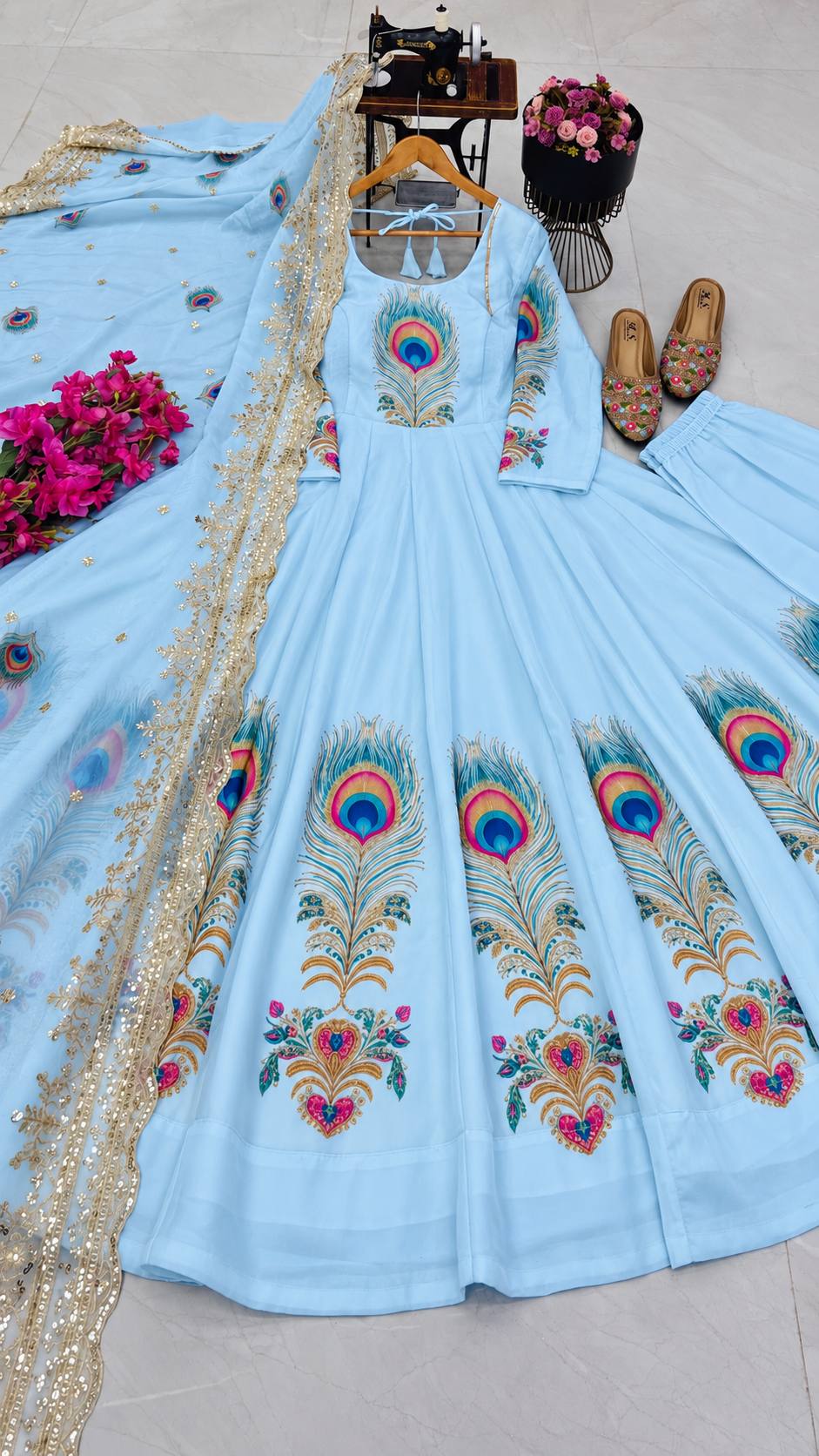 Sky Blue Fendy Silk Printed Anarkali Gown Set with Sequence Dupatta