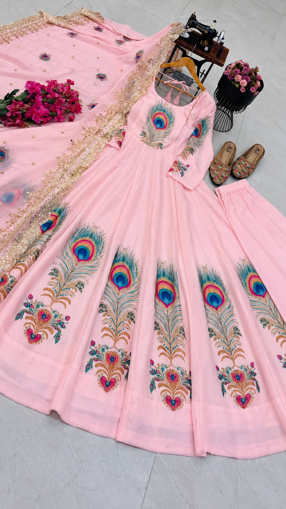 Baby Pink Fendy Silk Printed Peacock Anarkali Gown Set with Dupatta