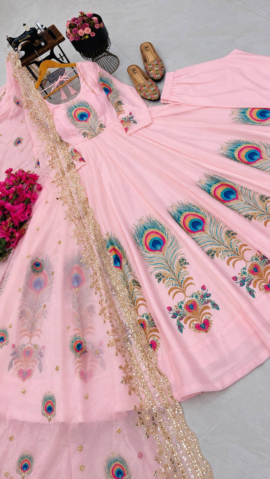 Baby Pink Fendy Silk Printed Peacock Anarkali Gown Set with Dupatta
