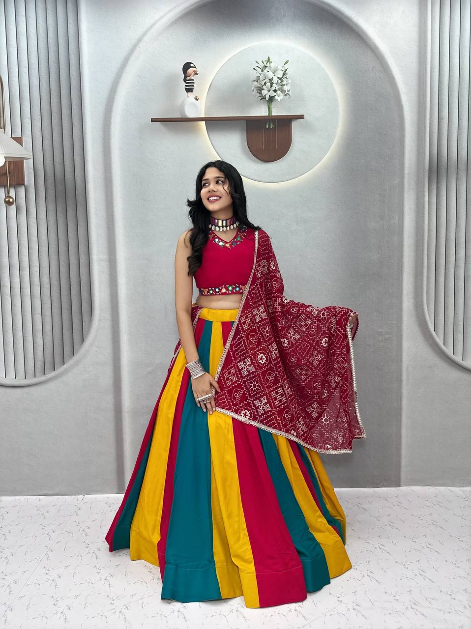 Rani Pink Multicolor Navratri Cotton Lehenga Choli with Embroidered Fox Georgette Dupatta