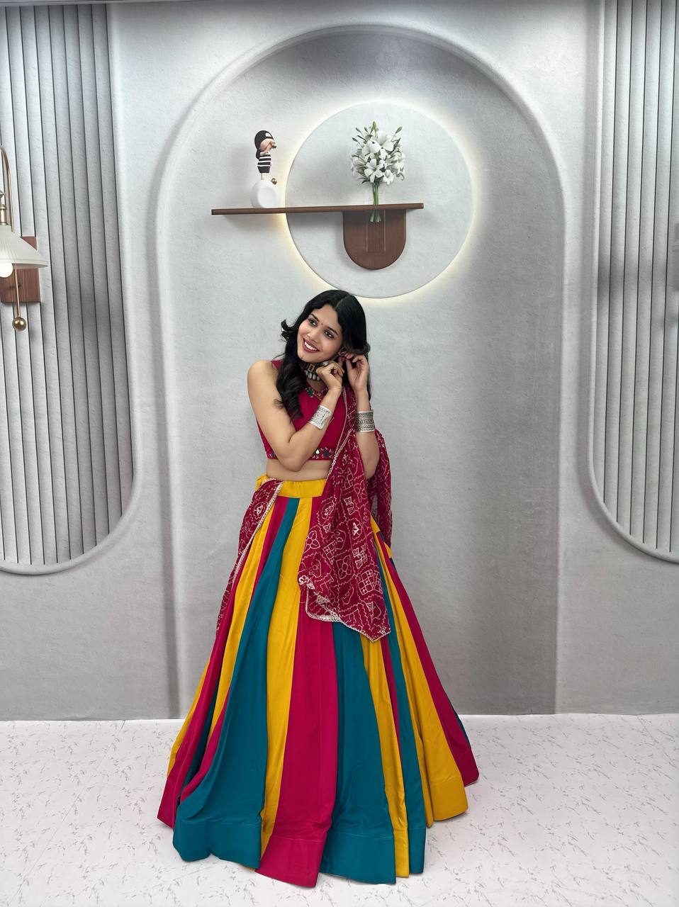 Rani Pink Multicolor Navratri Cotton Lehenga Choli with Embroidered Fox Georgette Dupatta