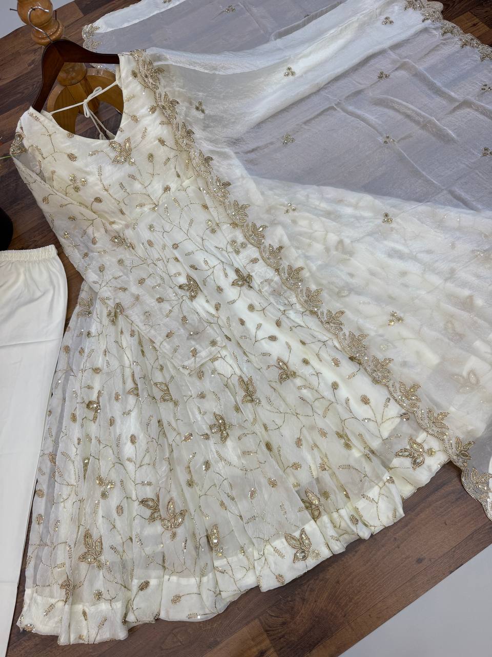 Ivory White Fendy Silk Embroidered Anarkali Gown Set with Dupatta