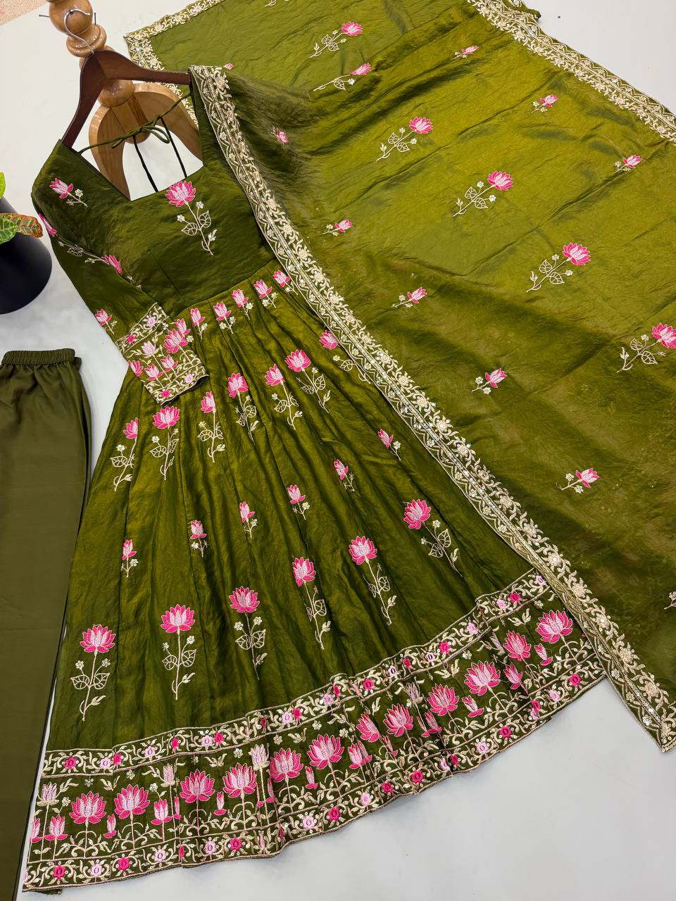 Olive Green Fendy Silk Embroidered Anarkali Gown Set with Dupatta