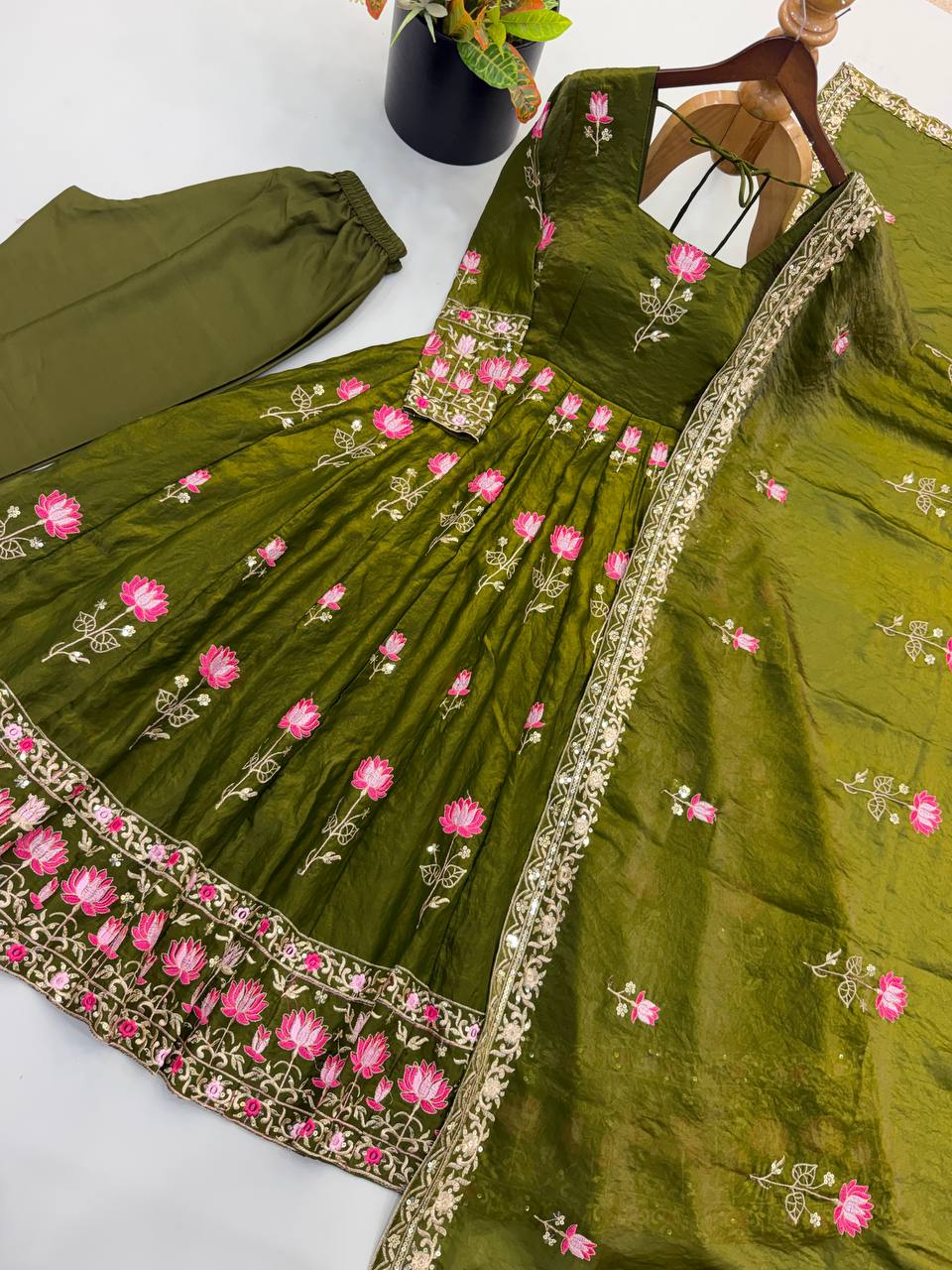 Olive Green Fendy Silk Embroidered Anarkali Gown Set with Dupatta