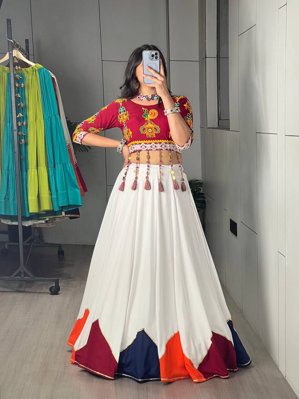White & Maroon Navratri Lehenga Choli with Traditional Dori Latkan Work