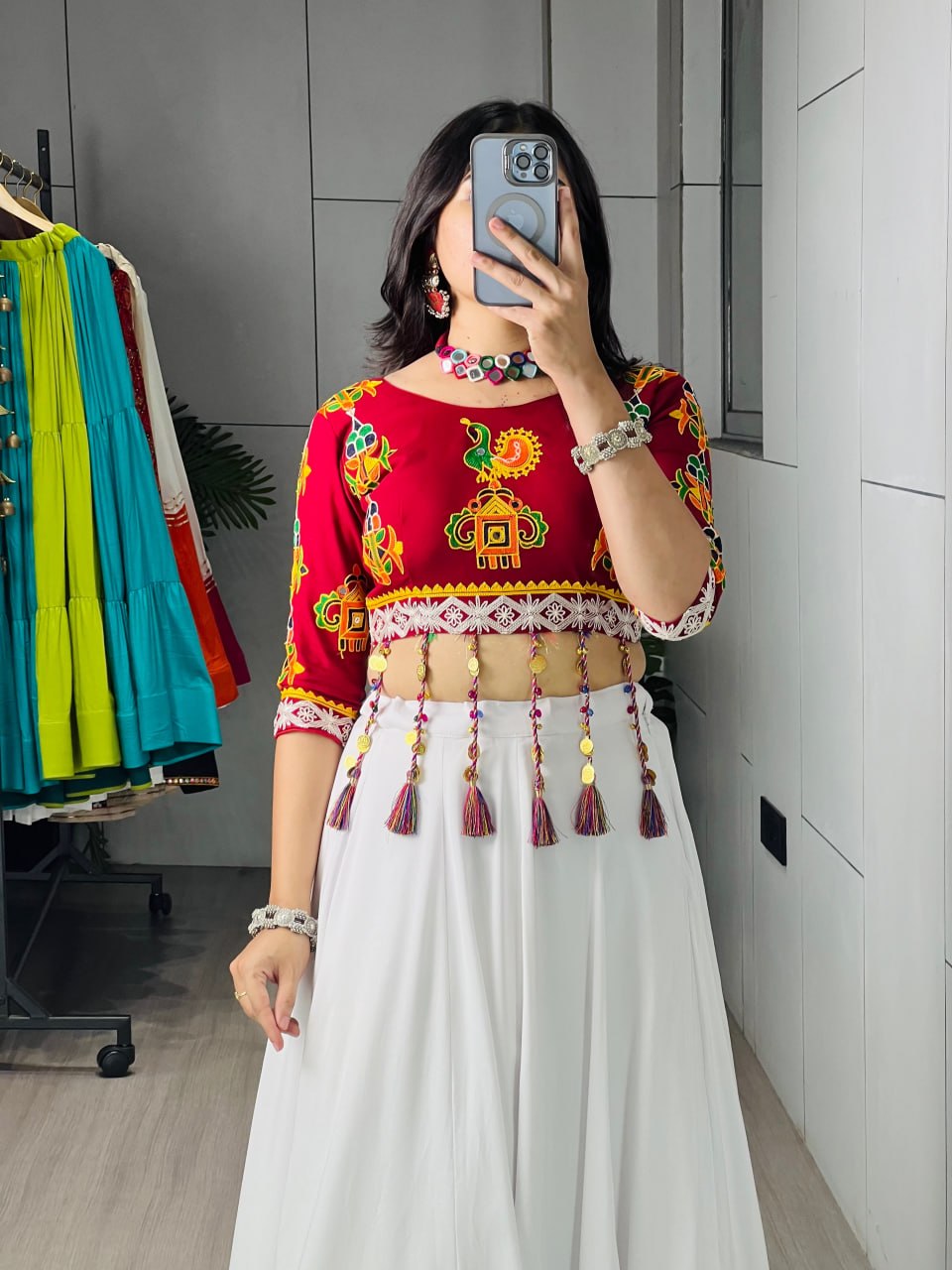 White & Maroon Navratri Lehenga Choli with Traditional Dori Latkan Work