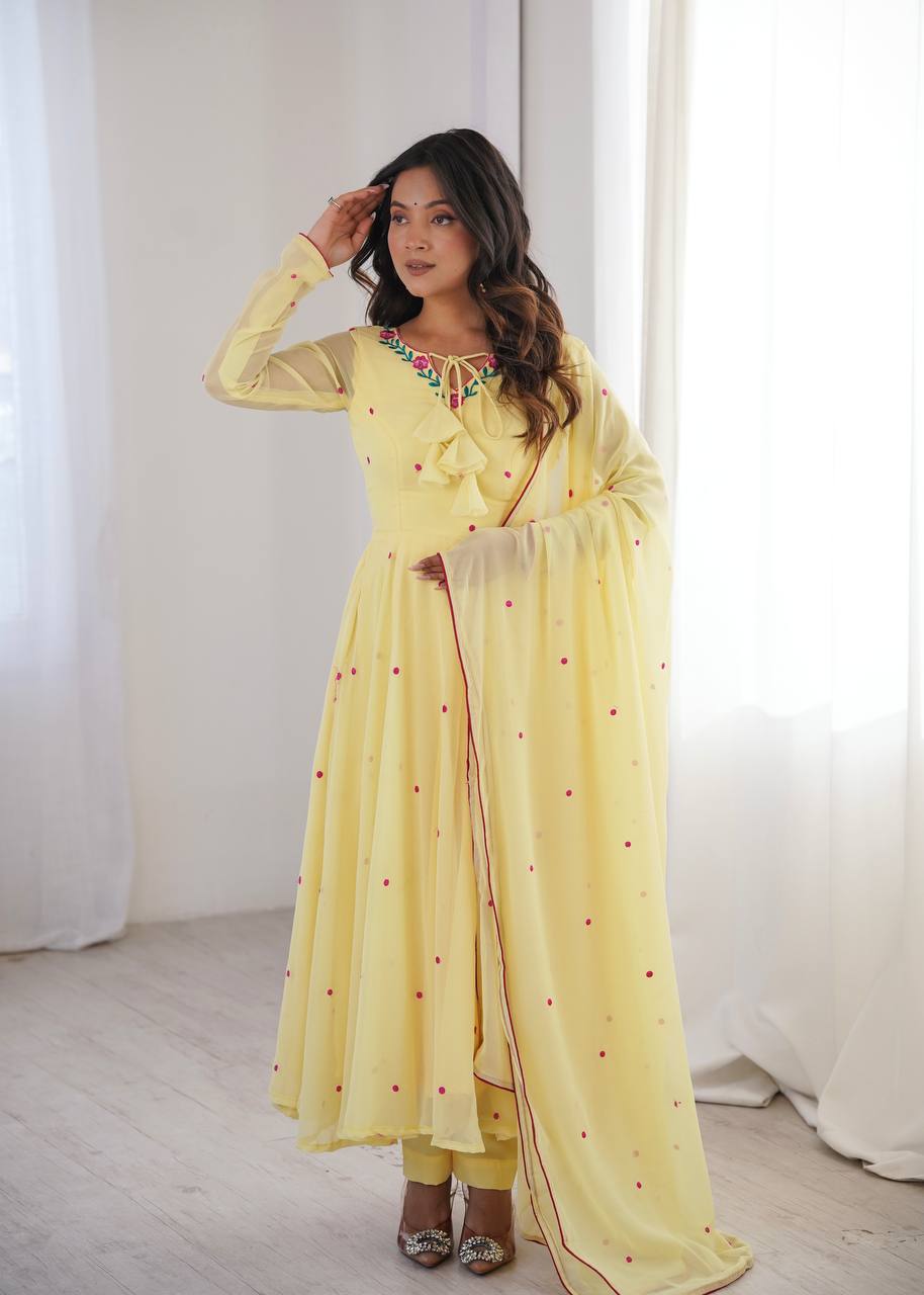 Lemon Yellow Faux Georgette Embroidered Anarkali Suit Set with Dupatta