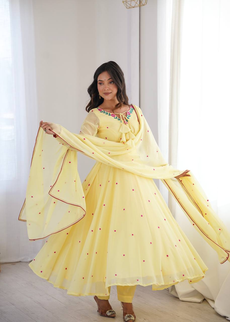 Lemon Yellow Faux Georgette Embroidered Anarkali Suit Set with Dupatta