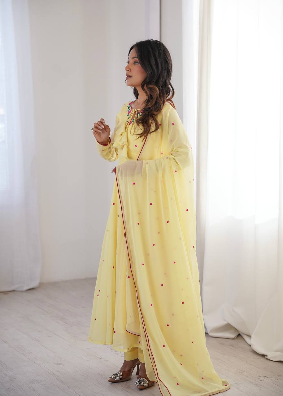 Lemon Yellow Faux Georgette Embroidered Anarkali Suit Set with Dupatta