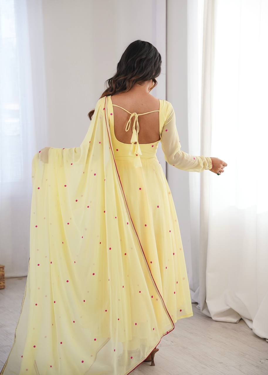 Lemon Yellow Faux Georgette Embroidered Anarkali Suit Set with Dupatta