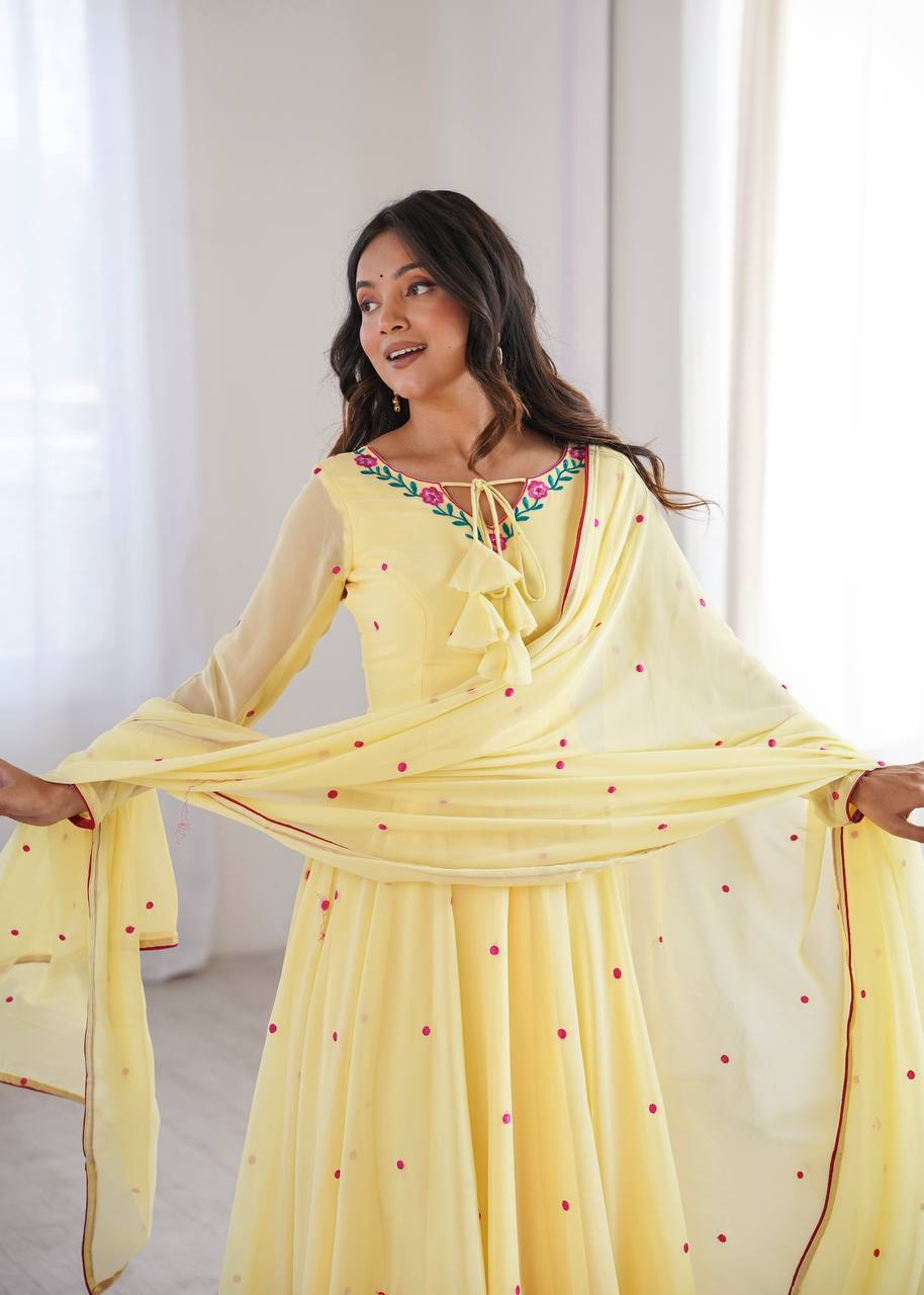 Lemon Yellow Faux Georgette Embroidered Anarkali Suit Set with Dupatta