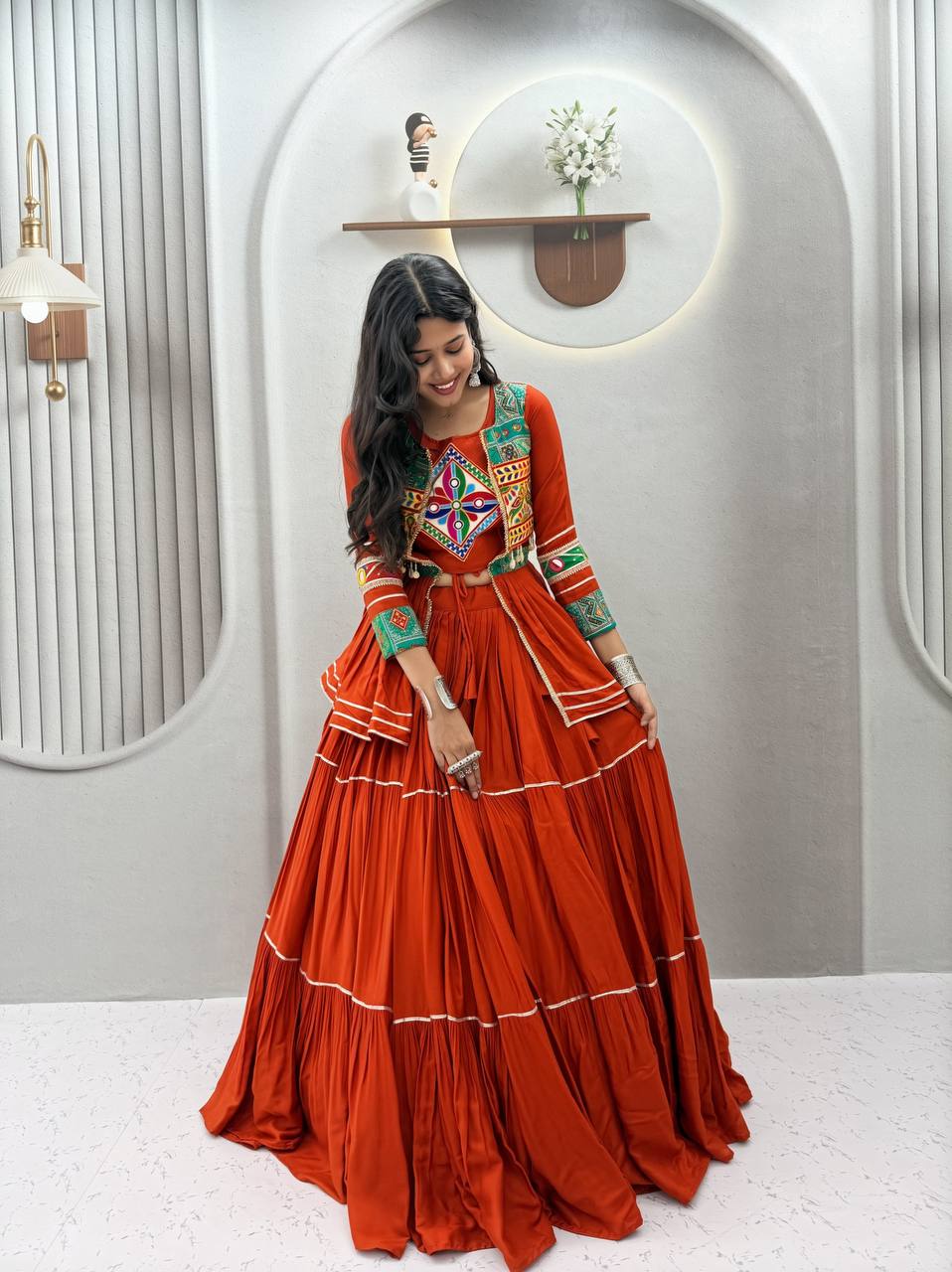 Rust Orange Navratri Gamthi Work Cotton Lehenga Choli with Koti