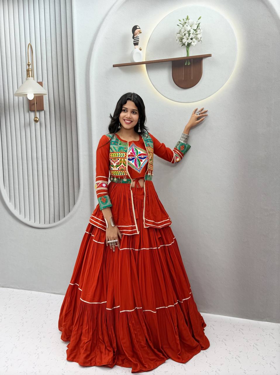 Rust Orange Navratri Gamthi Work Cotton Lehenga Choli with Koti