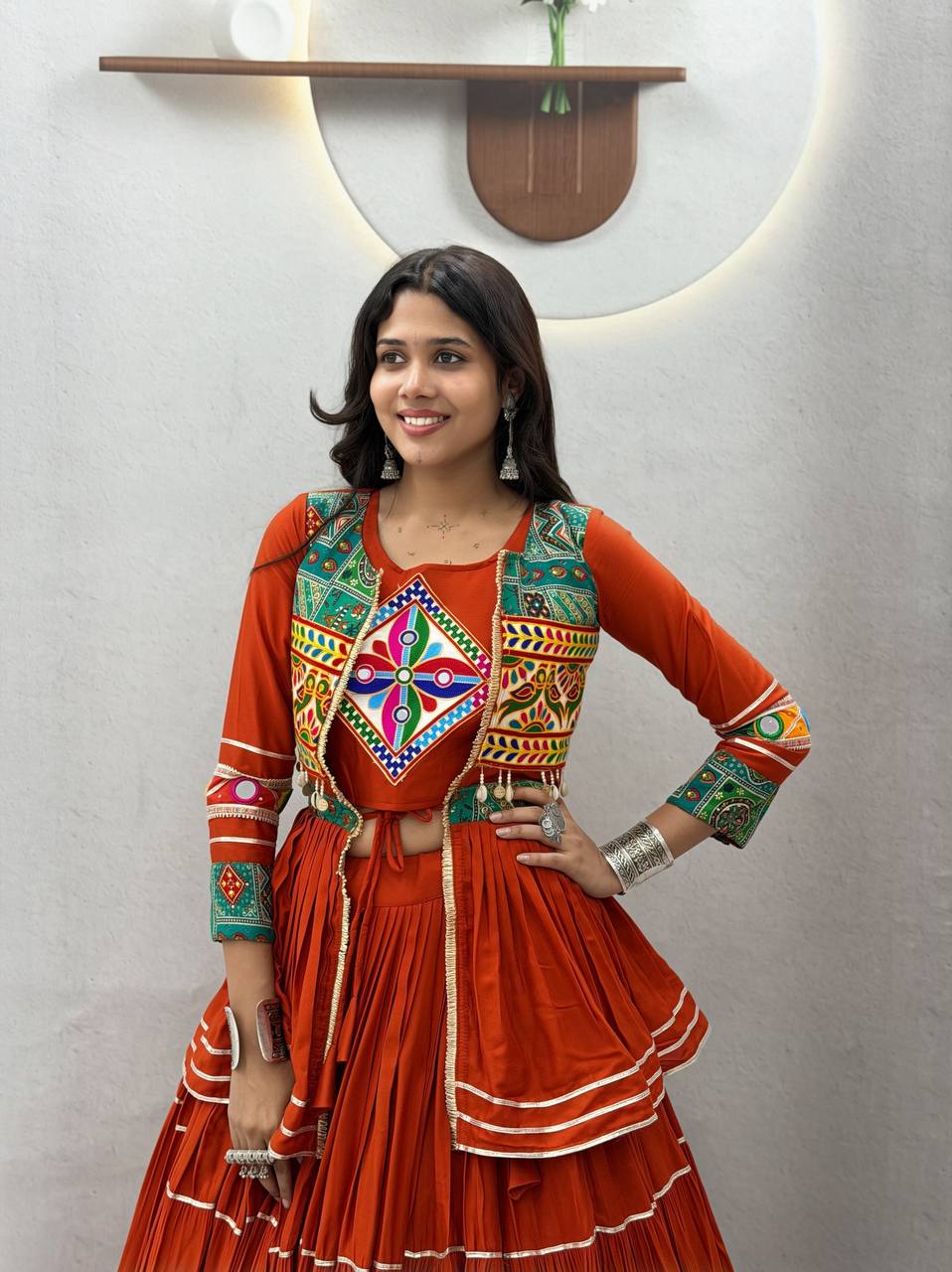 Rust Orange Navratri Gamthi Work Cotton Lehenga Choli with Koti