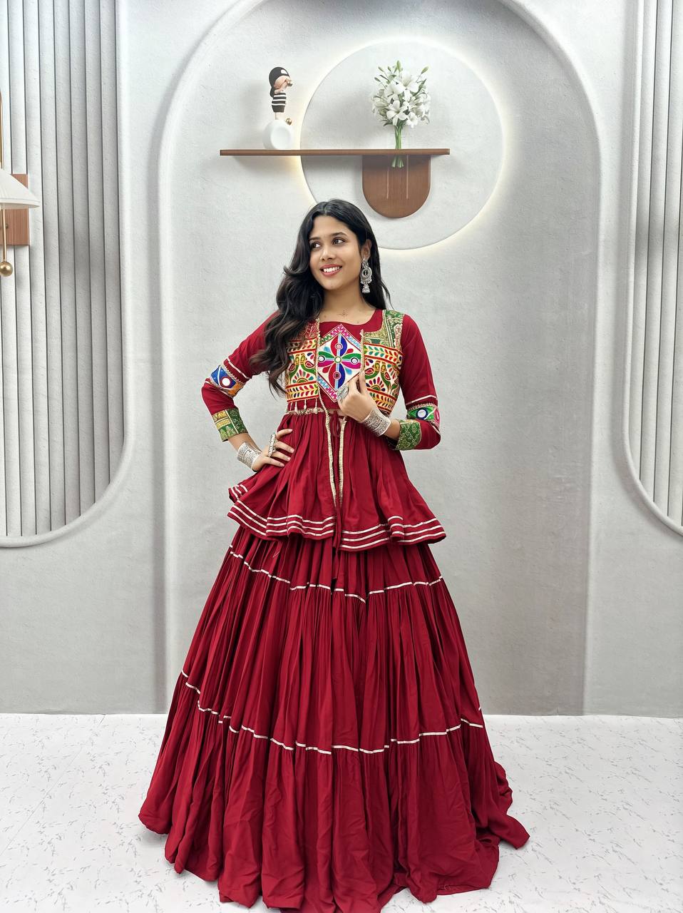 Wine Red Navratri Gamthi Work Cotton Lehenga Choli with Koti