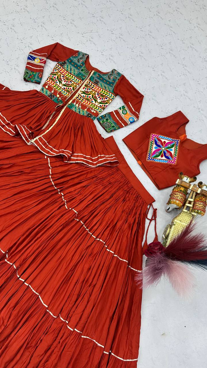 Rust Orange Navratri Gamthi Work Cotton Lehenga Choli with Koti