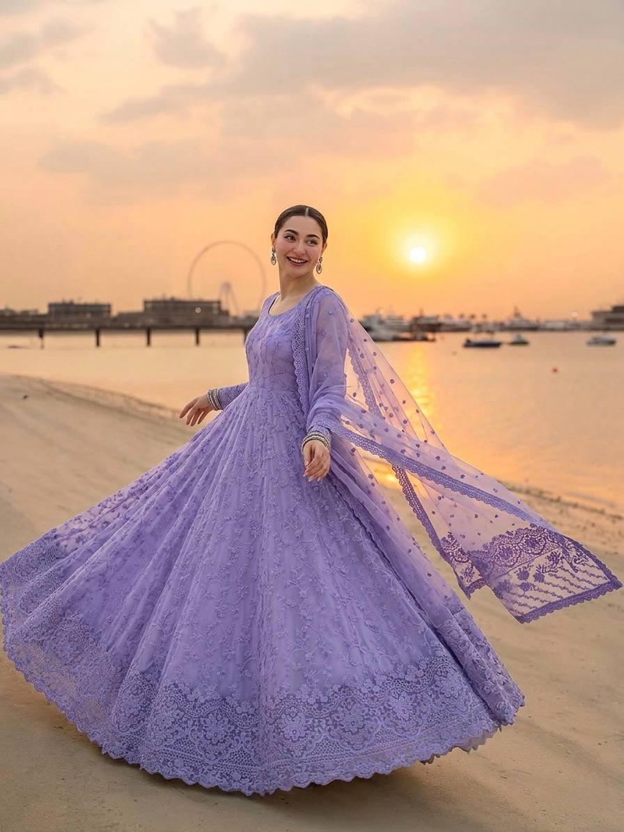 Lavender Embroidered Faux Georgette Anarkali Gown Set with Organza Dupatta