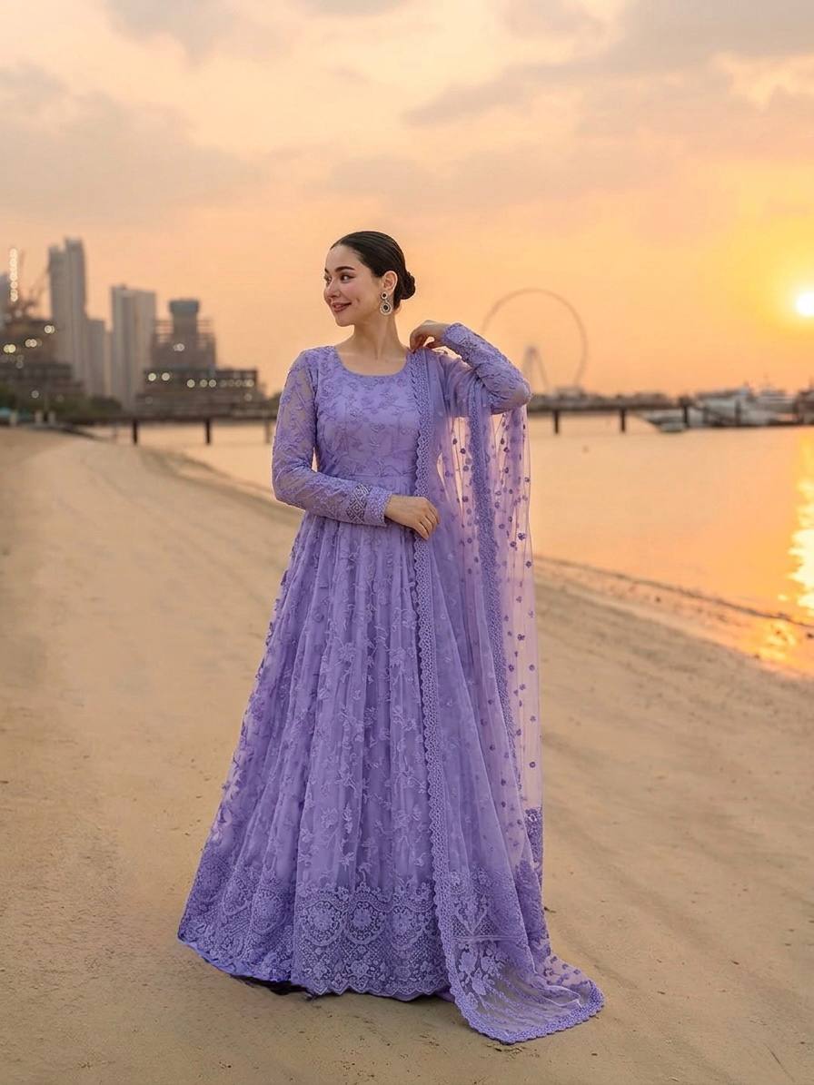 Lavender Embroidered Faux Georgette Anarkali Gown Set with Organza Dupatta