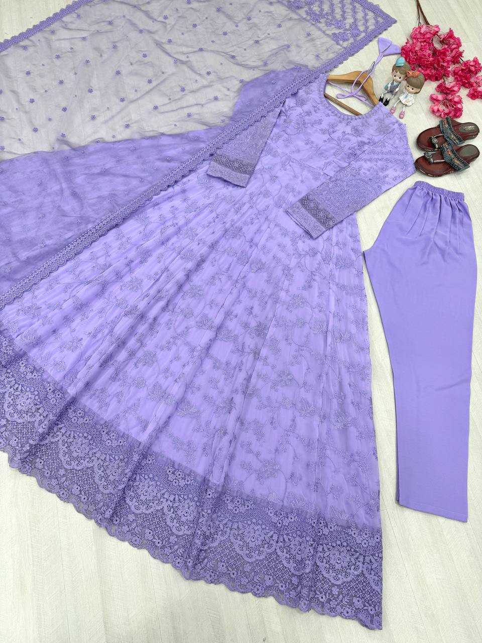 Lavender Embroidered Faux Georgette Anarkali Gown Set with Organza Dupatta