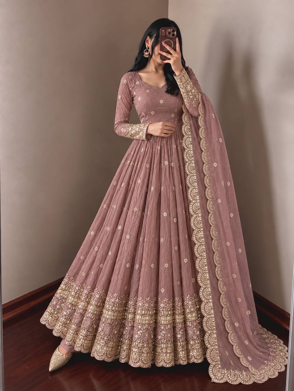 Mauve Pink Fendy Crush Embroidered Anarkali Gown Set with Dupatta