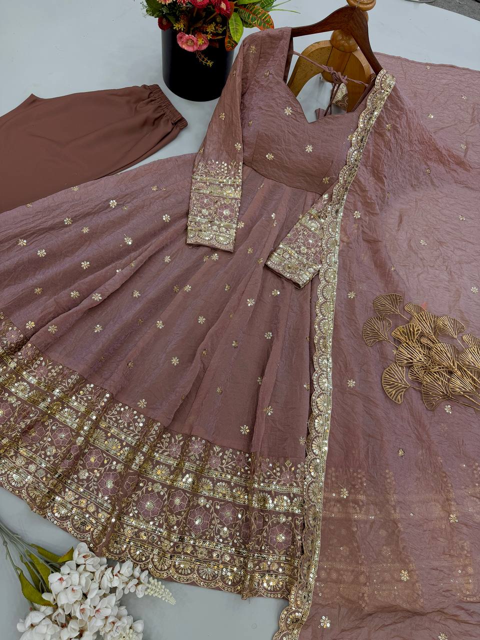 Mauve Pink Fendy Crush Embroidered Anarkali Gown Set with Dupatta