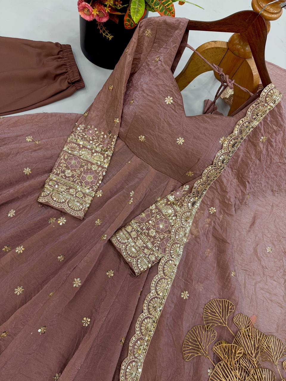 Mauve Pink Fendy Crush Embroidered Anarkali Gown Set with Dupatta