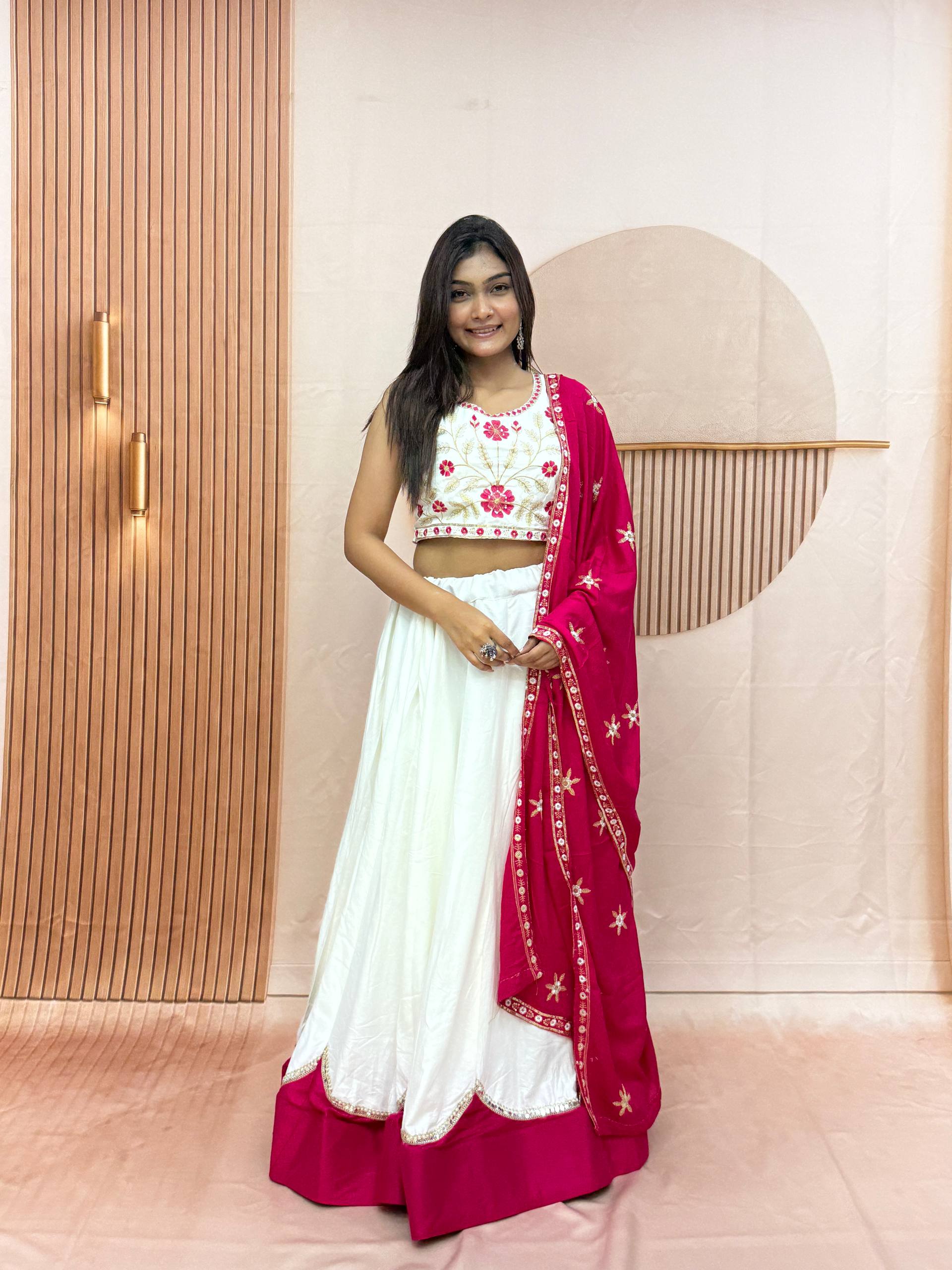 White & Rani Pink Cotton Lehenga Choli Set with Embroidered Dupatta