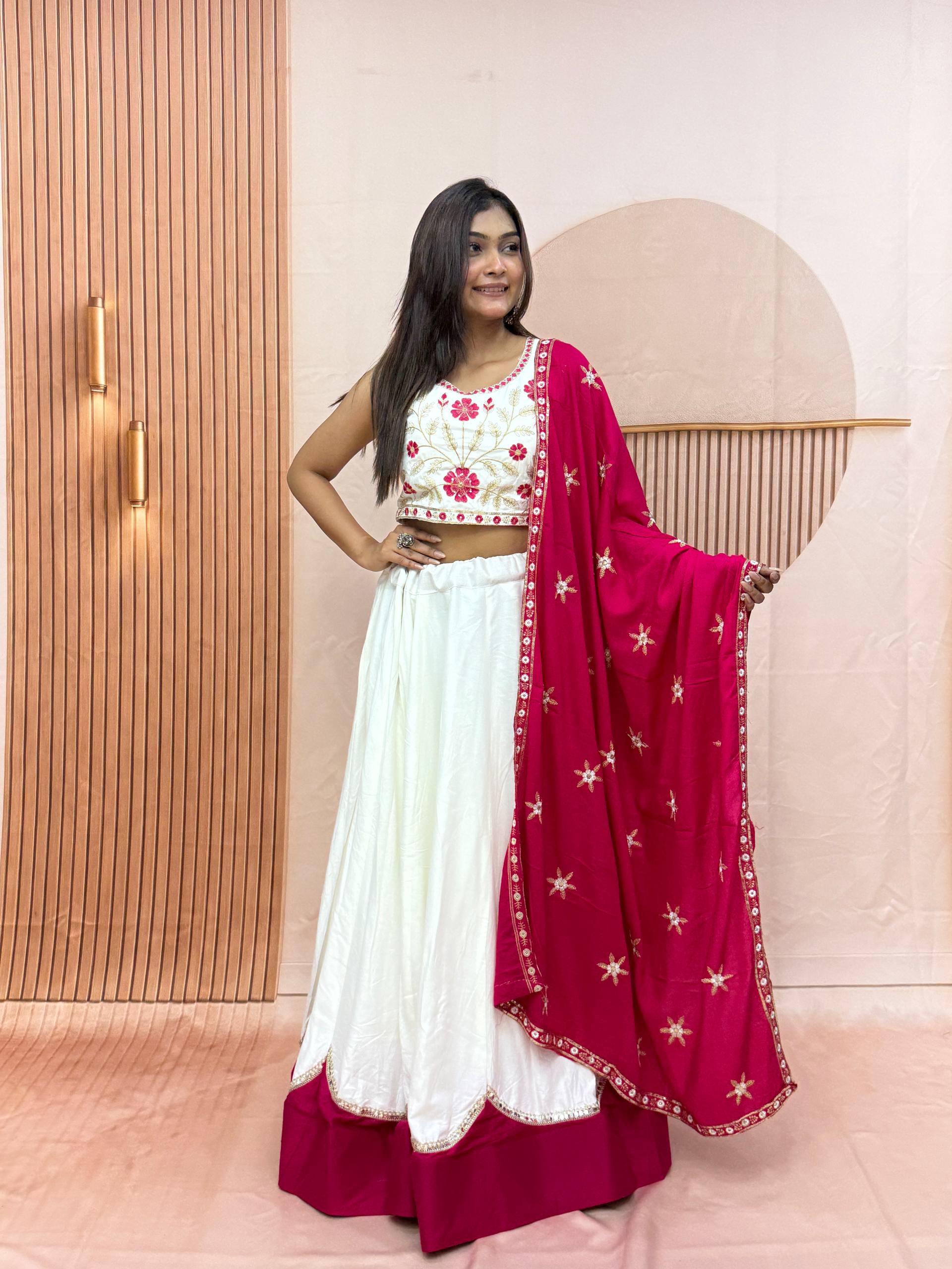 White & Rani Pink Cotton Lehenga Choli Set with Embroidered Dupatta