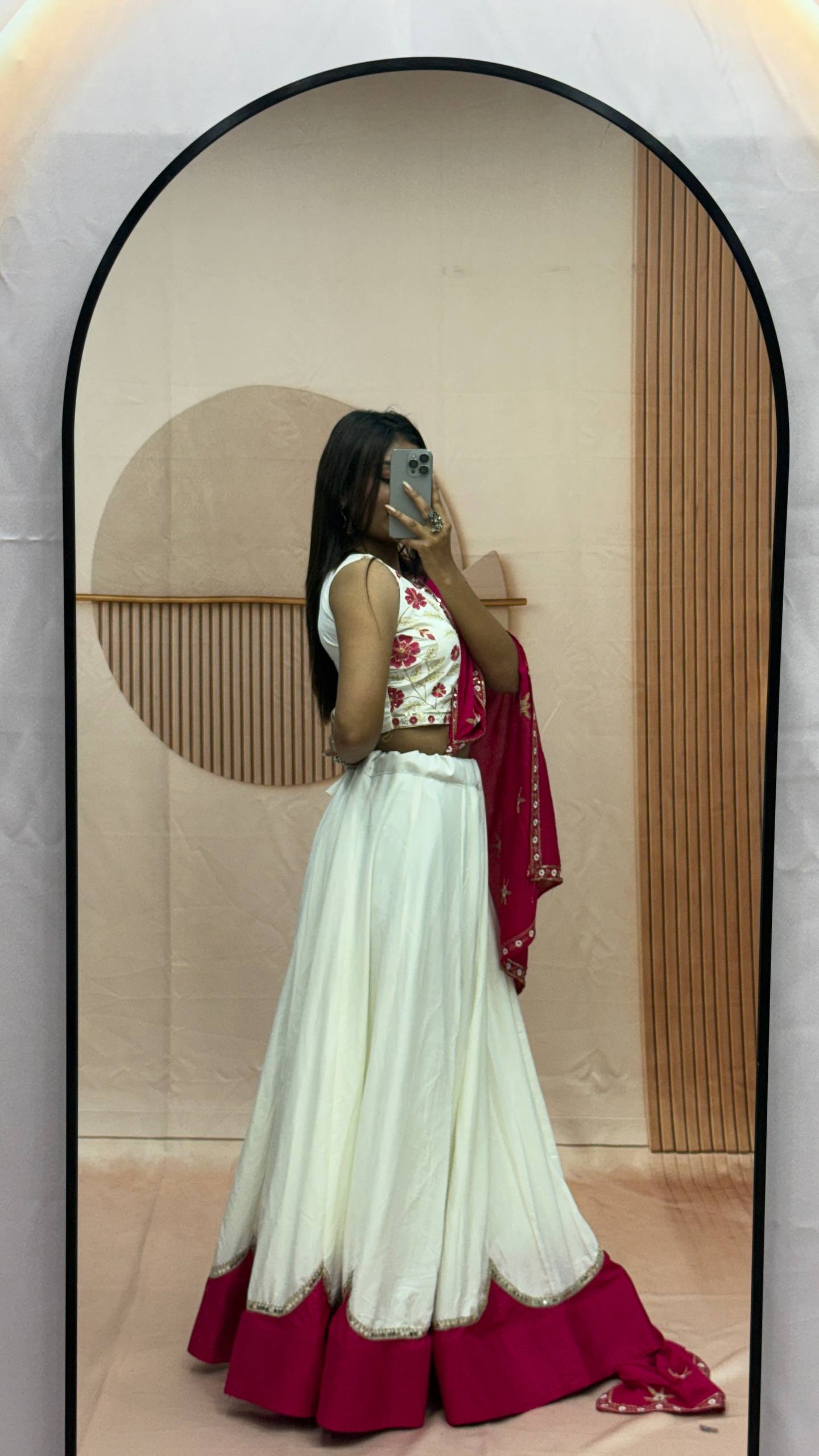 White & Rani Pink Cotton Lehenga Choli Set with Embroidered Dupatta
