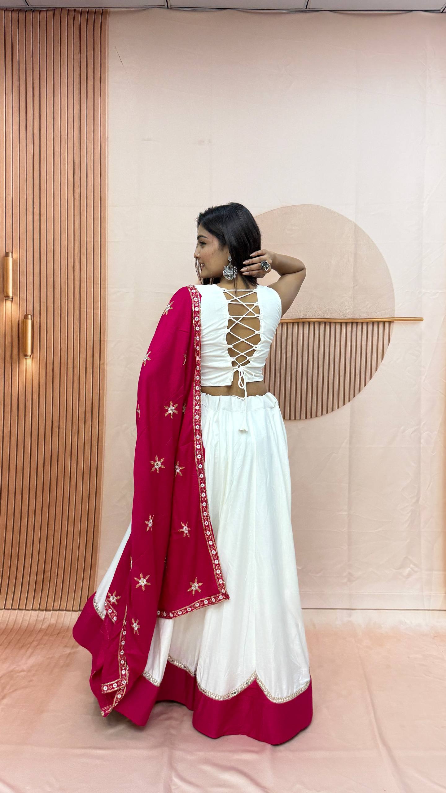 White & Rani Pink Cotton Lehenga Choli Set with Embroidered Dupatta