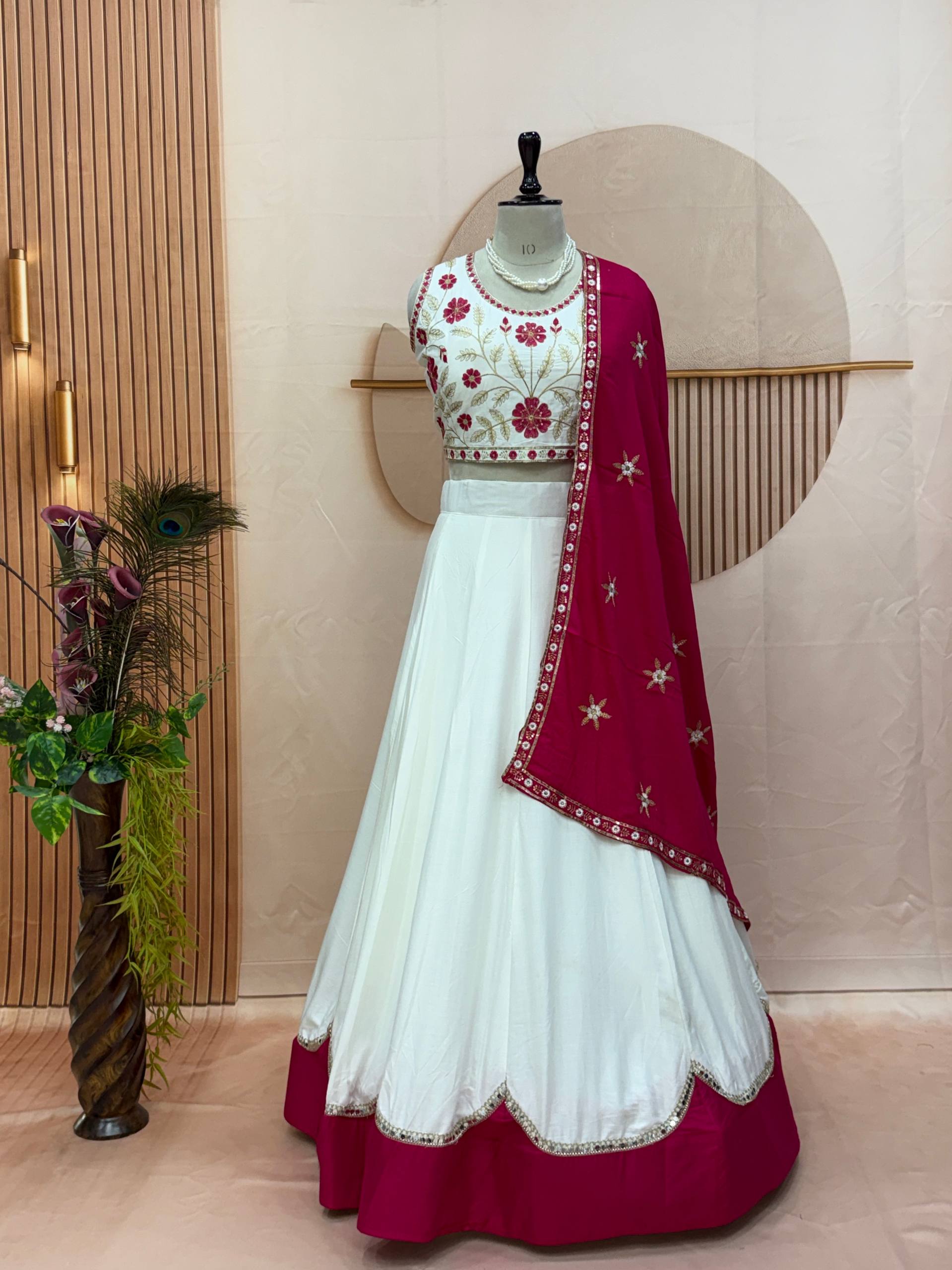 White & Rani Pink Cotton Lehenga Choli Set with Embroidered Dupatta