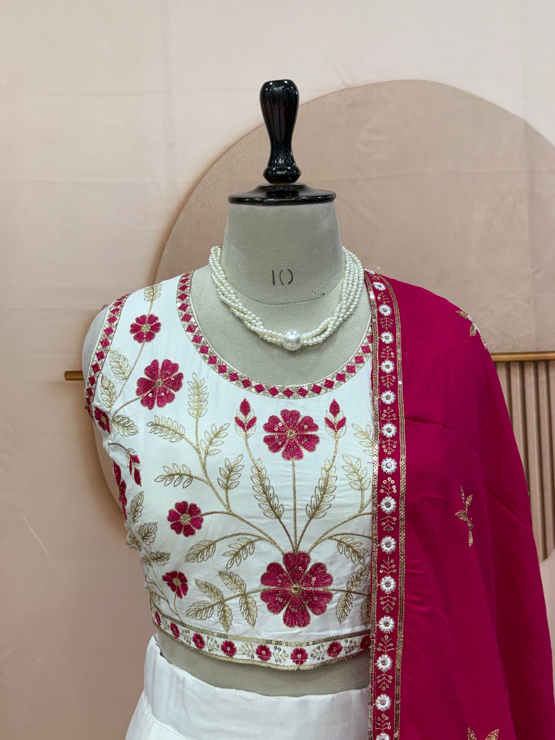 White & Rani Pink Cotton Lehenga Choli Set with Embroidered Dupatta