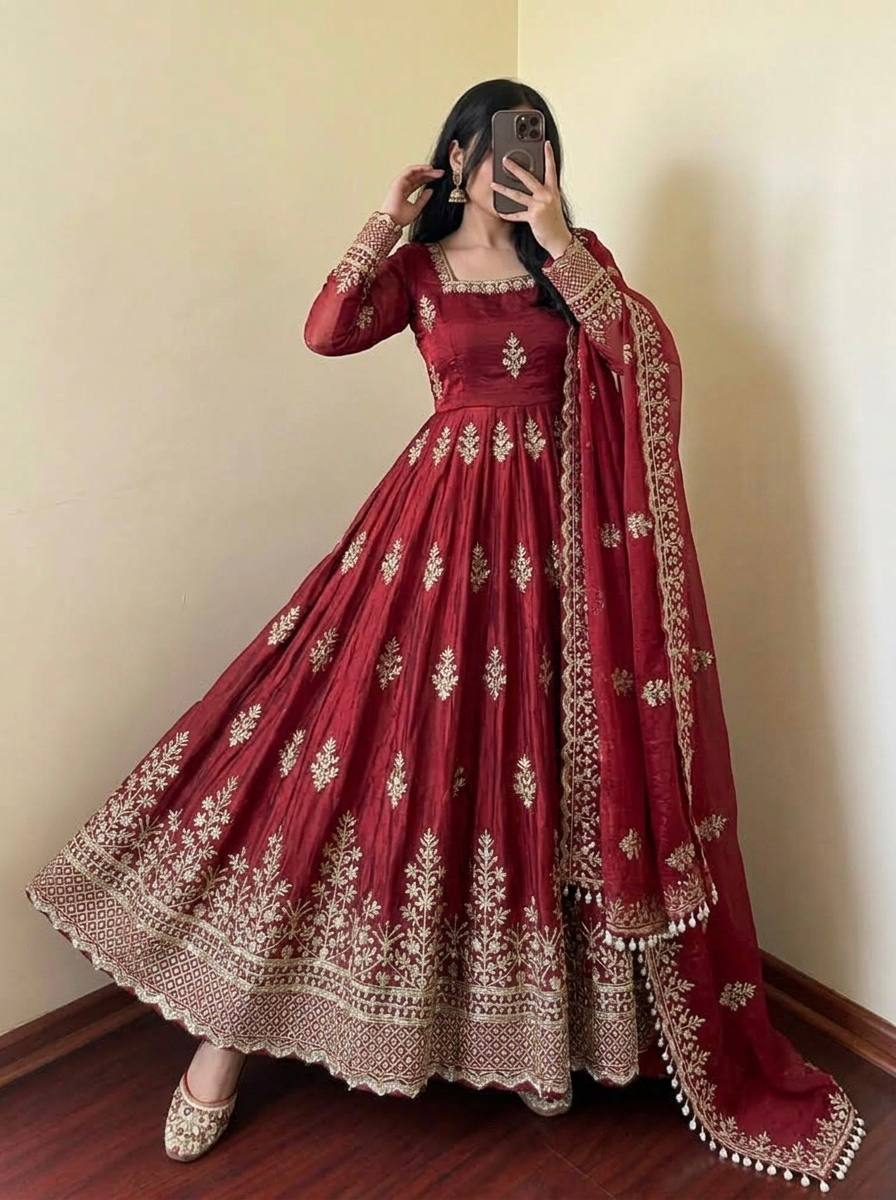 Wine Maroon Fendy Silk Embroidered Anarkali Gown Set with Dupatta