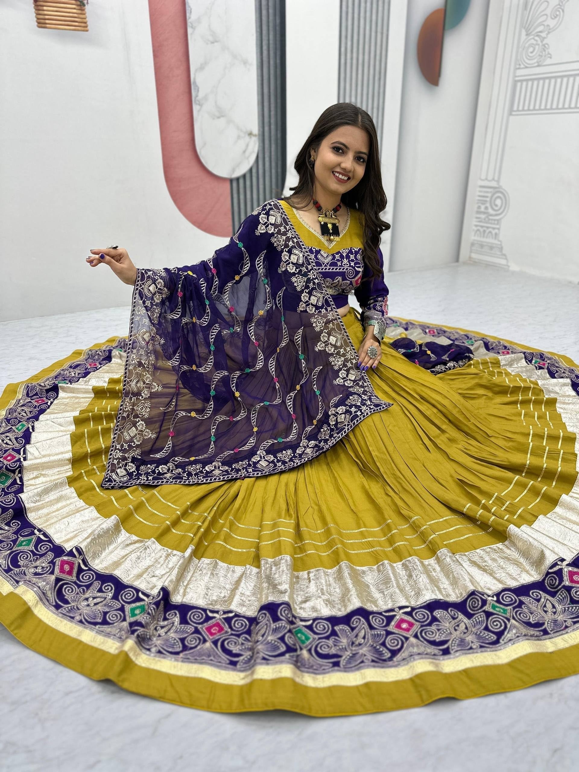 Mustard Yellow & Royal Purple Pure Cotton Navratri Lehenga Choli with Embroidered Dupatta