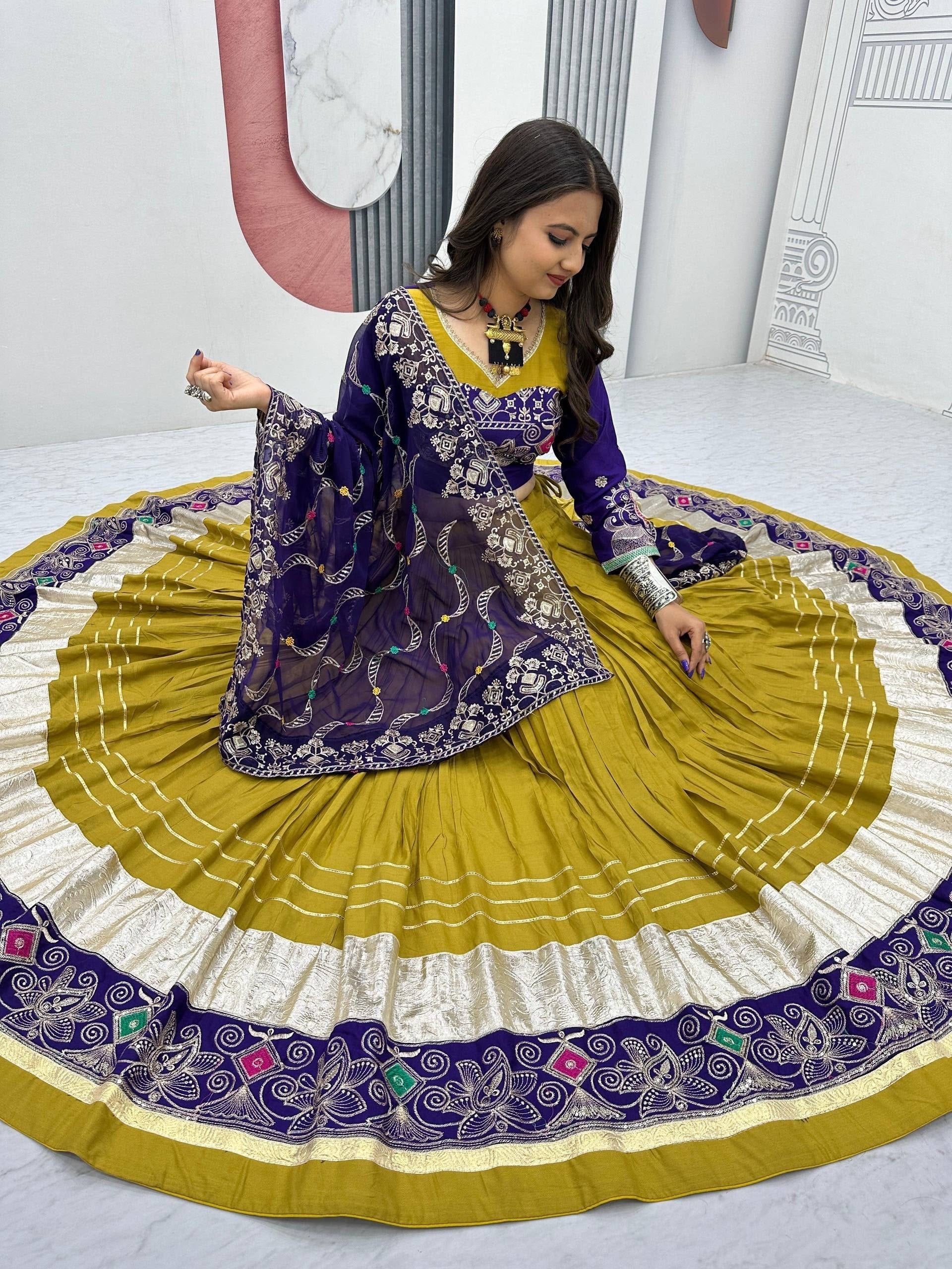 Mustard Yellow & Royal Purple Pure Cotton Navratri Lehenga Choli with Embroidered Dupatta