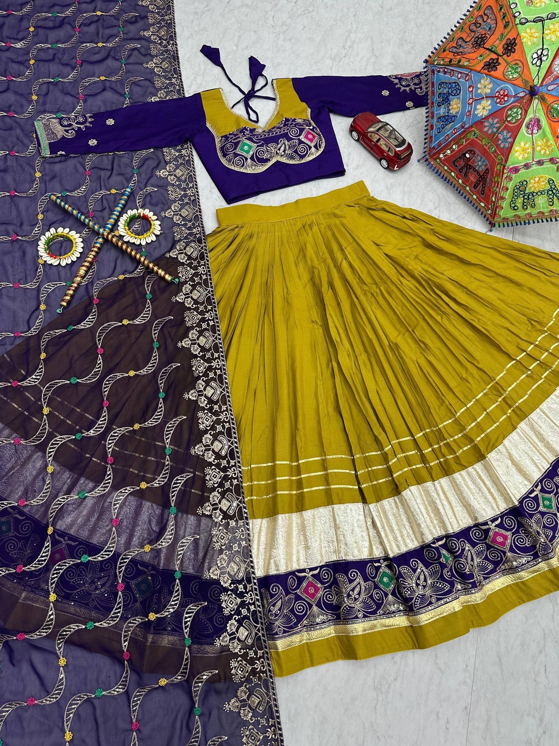 Mustard Yellow & Royal Purple Pure Cotton Navratri Lehenga Choli with Embroidered Dupatta