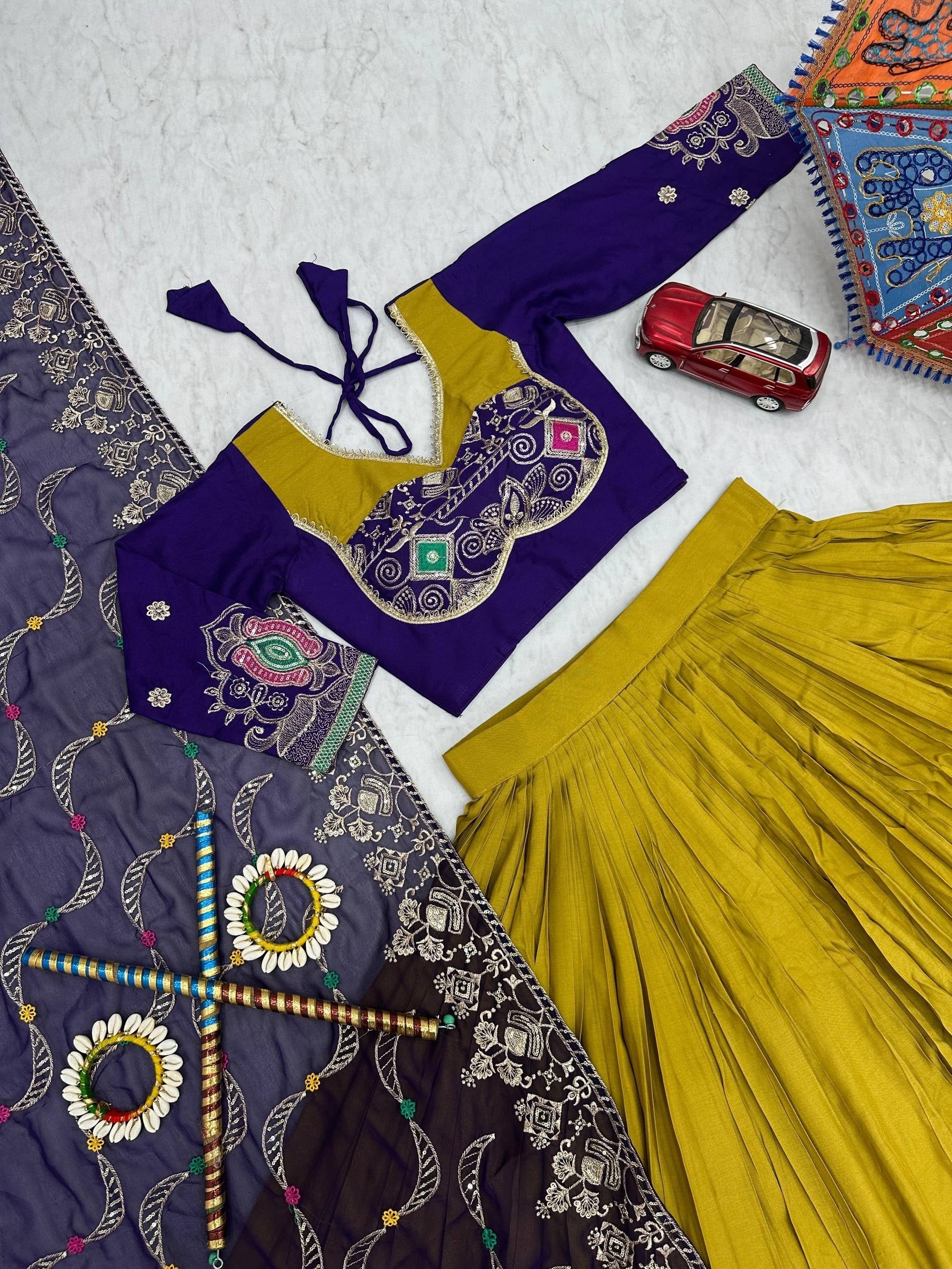 Mustard Yellow & Royal Purple Pure Cotton Navratri Lehenga Choli with Embroidered Dupatta