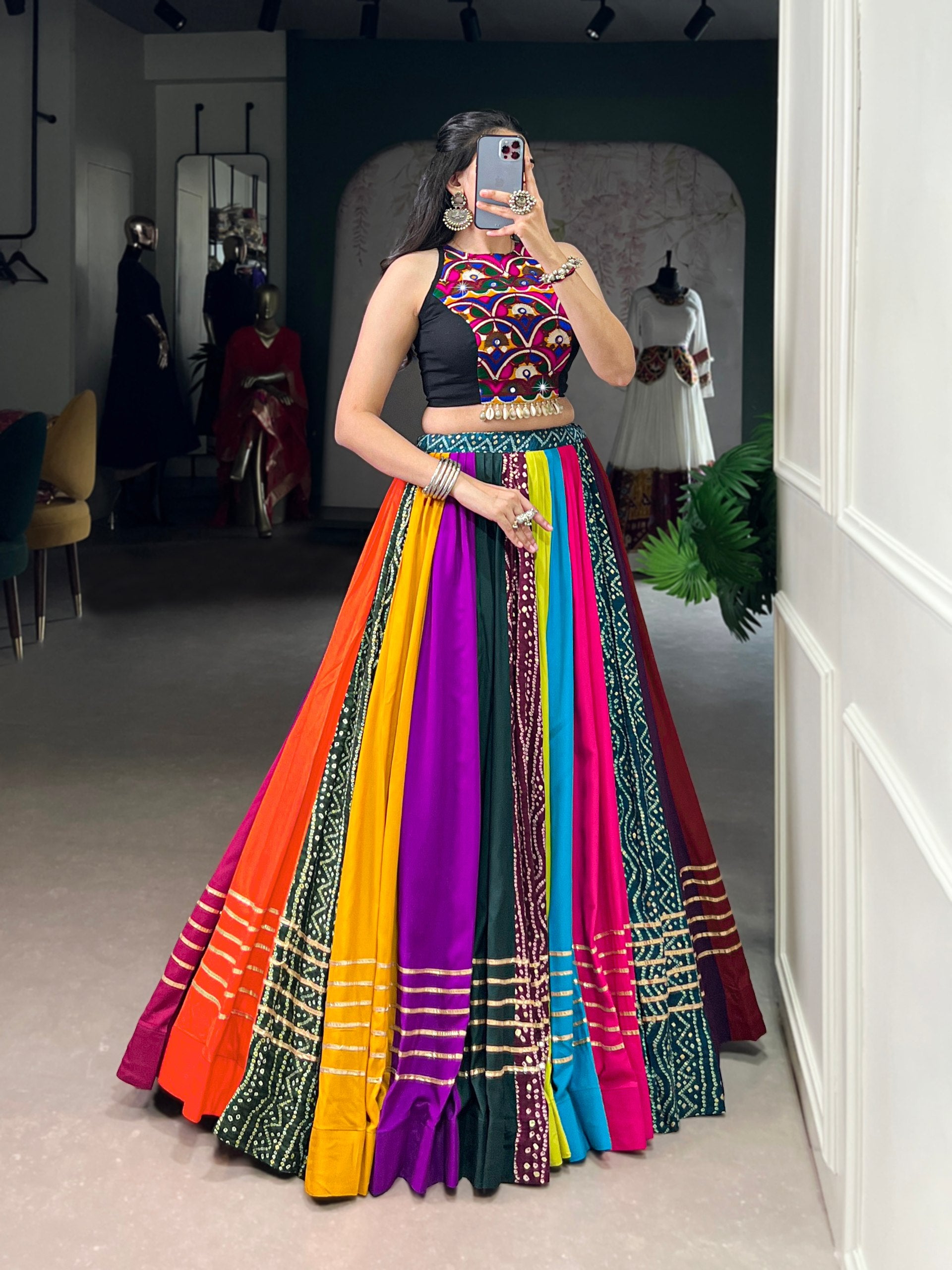 Navrang Multicolor Pure Rayon Navratri Lehenga Choli with Mirror Work Blouse