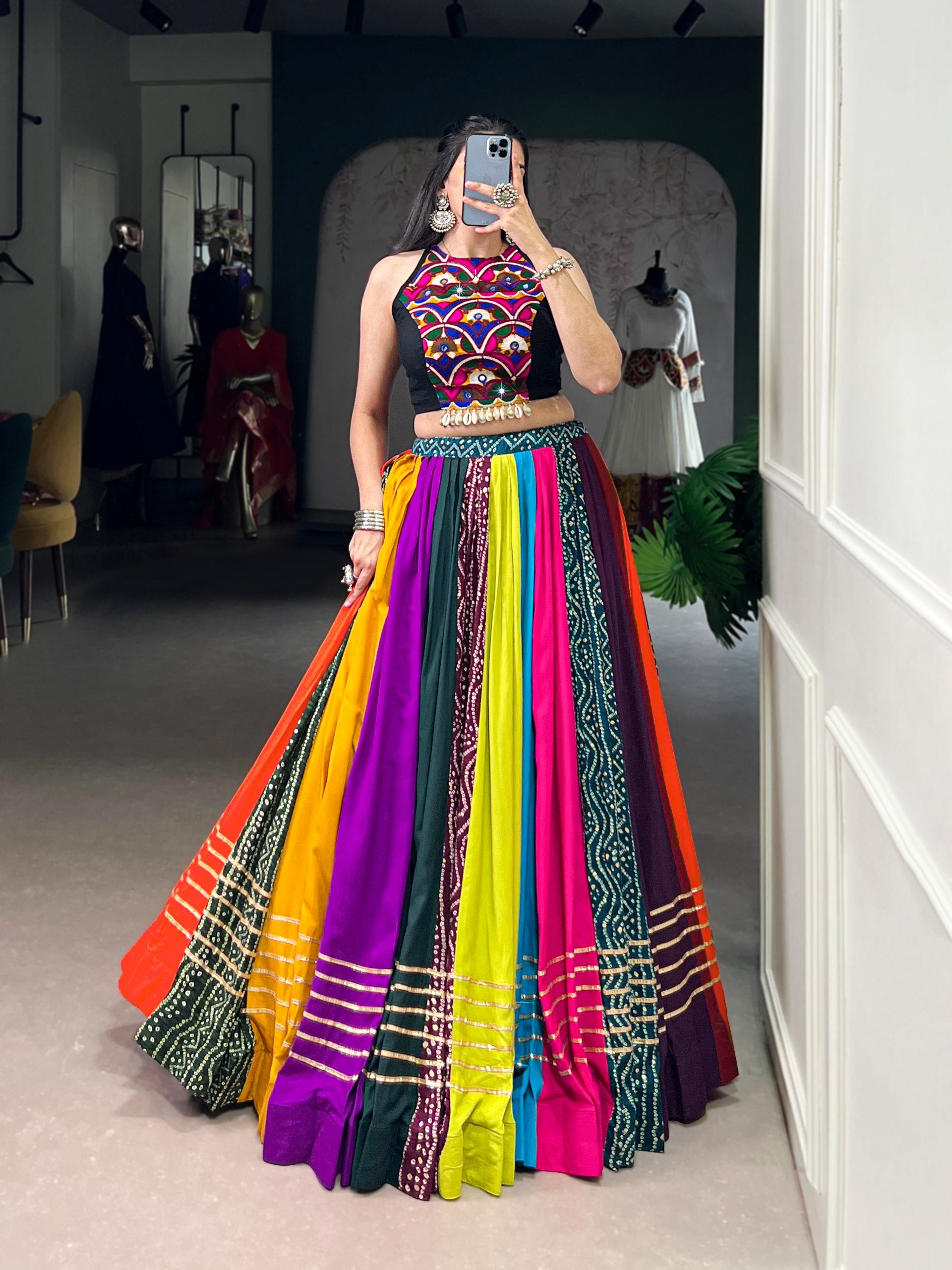 Navrang Multicolor Pure Rayon Navratri Lehenga Choli with Mirror Work Blouse