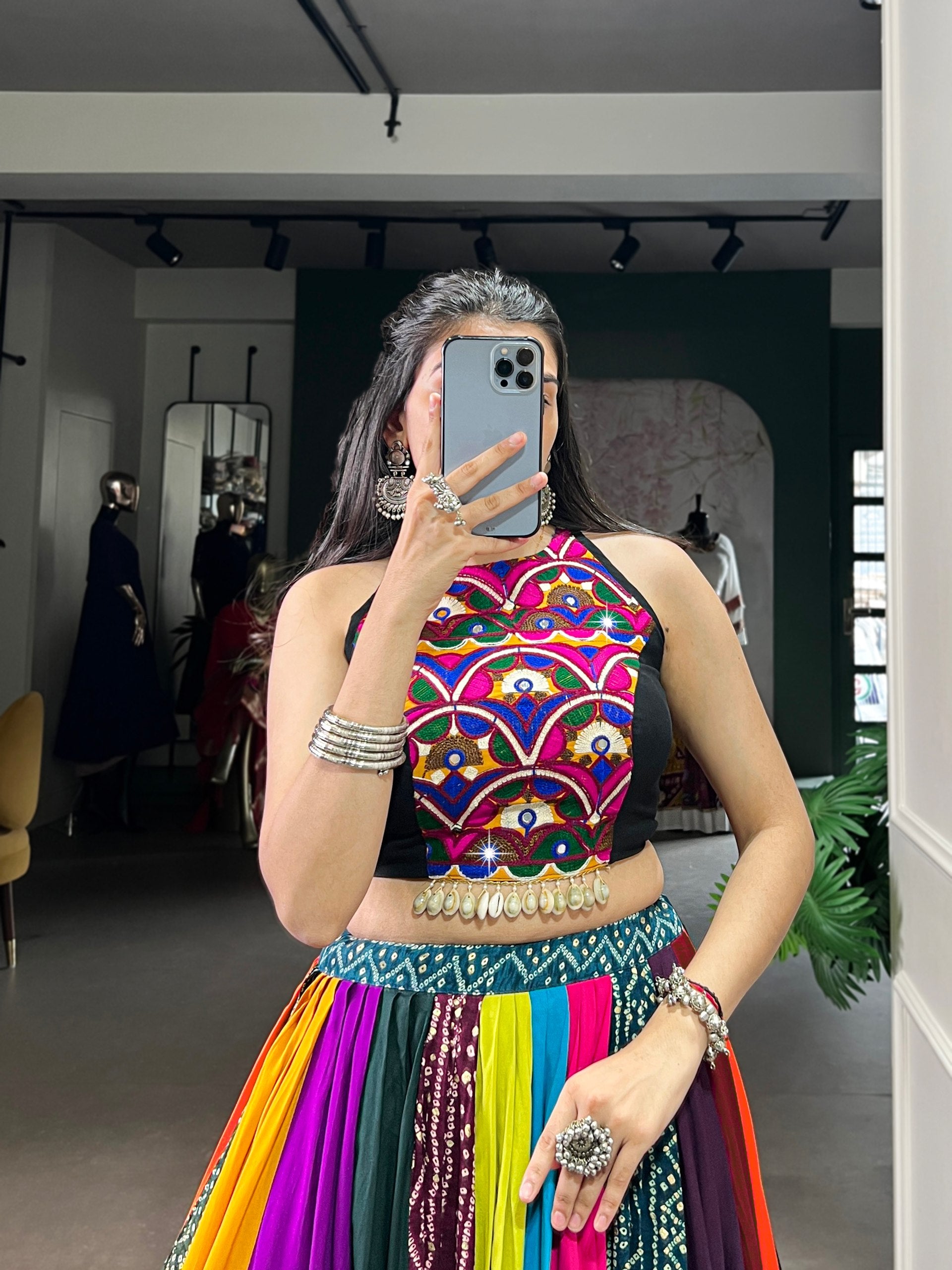 Navrang Multicolor Pure Rayon Navratri Lehenga Choli with Mirror Work Blouse