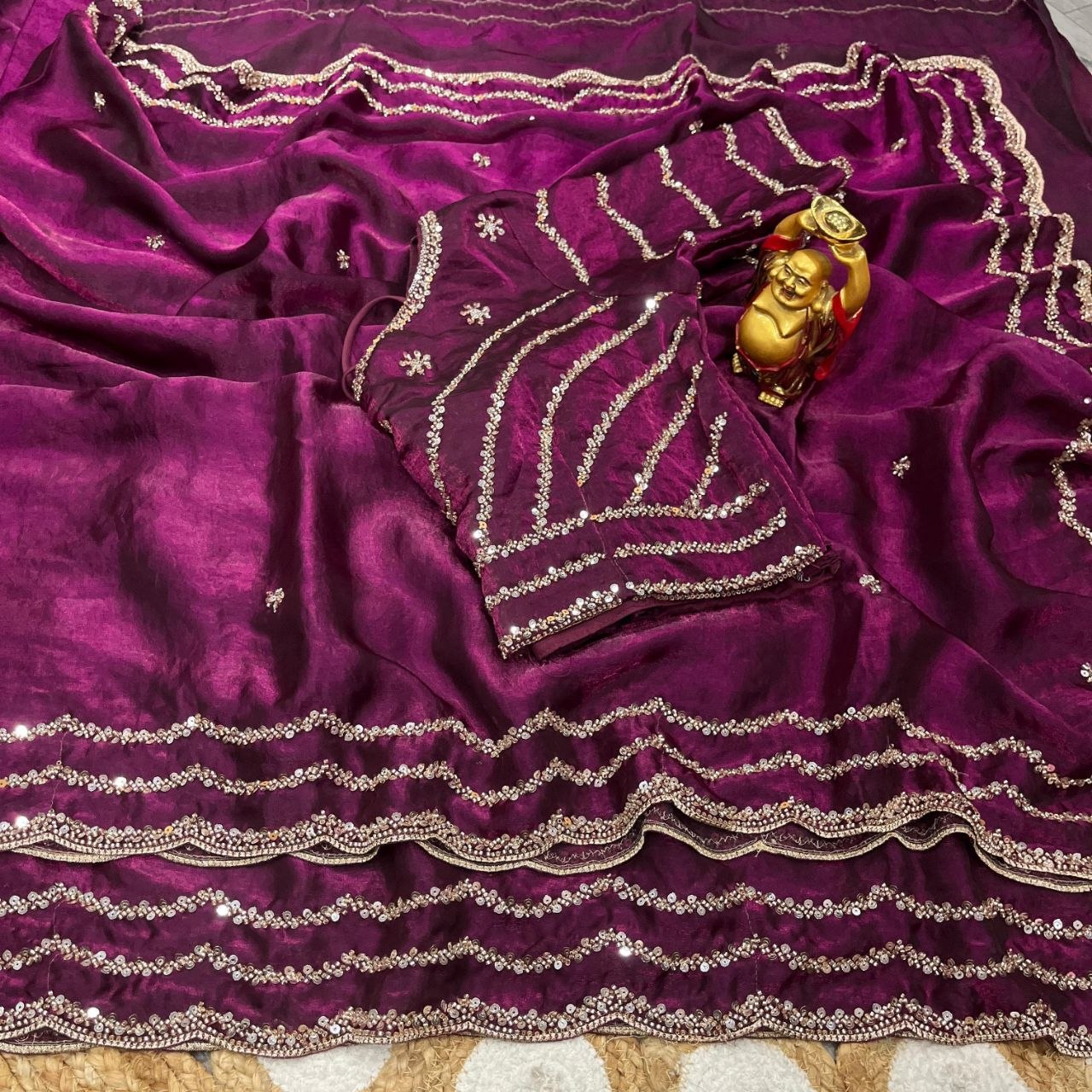 Royal Purple Pure Space Silk Saree with Original Gold Beads Handwork & Sequins Blouse | Party Wear
