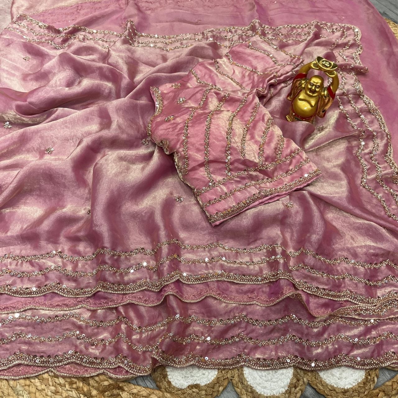 Blush Pink Pure Space Silk Saree with Original Gold Beads Handwork & Sequins Blouse | Party Wear