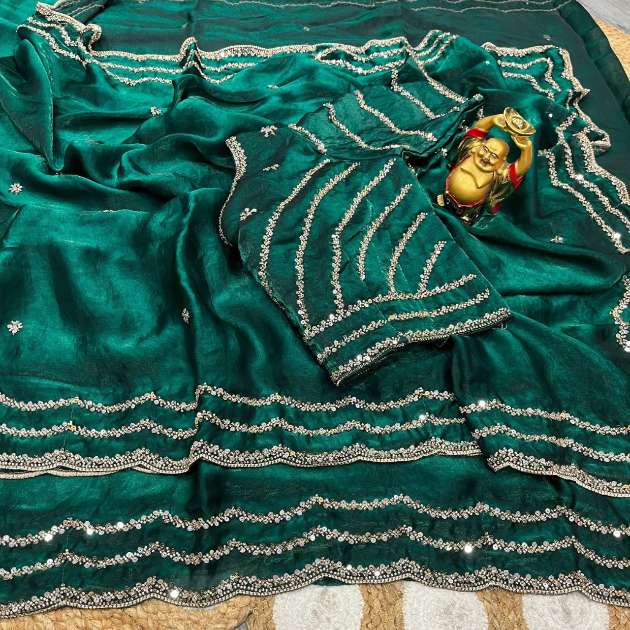Emerald Green Pure Space Silk Saree with Original Gold Beads Handwork & Sequins Blouse | Party Wear