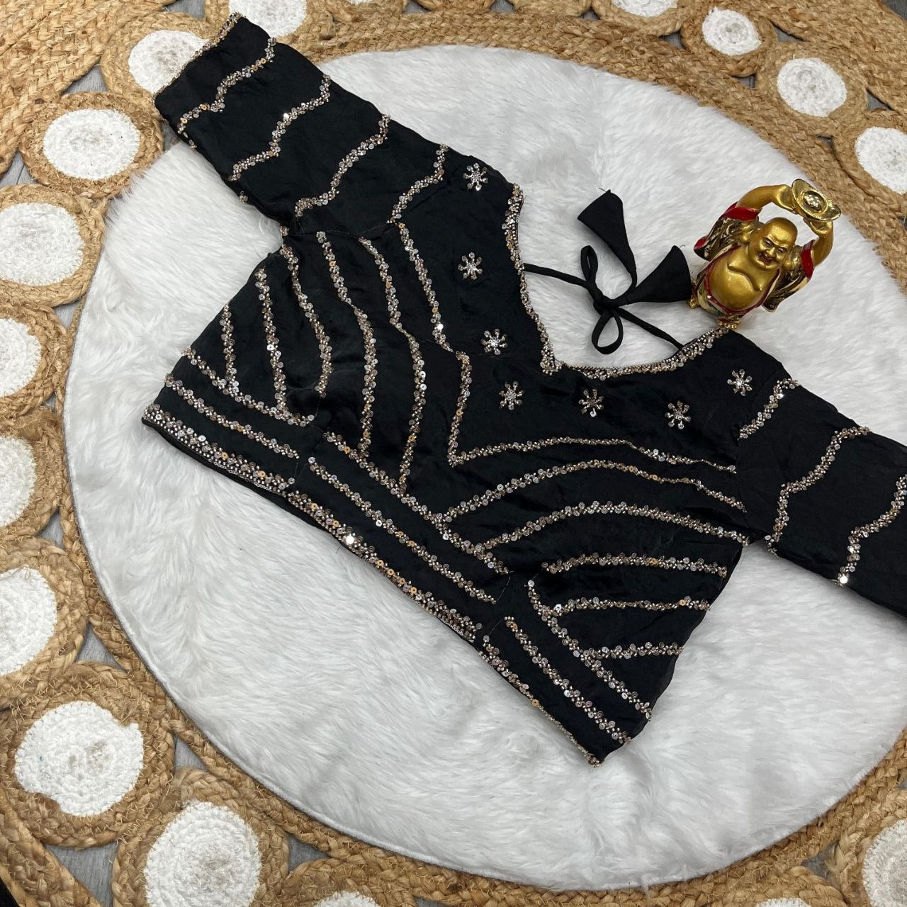 Black Pure Space Silk Saree with Original Gold Beads Handwork & Sequins Blouse | Party Wear