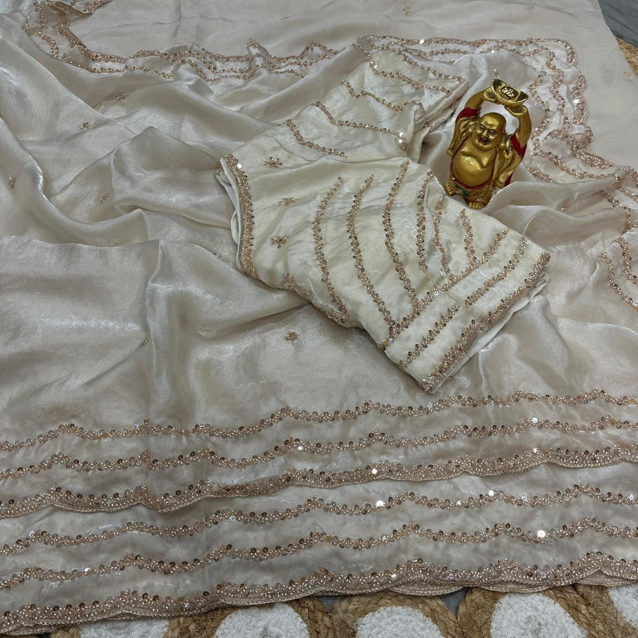 Pearl White Pure Space Silk Saree with Original Gold Beads Handwork & Sequins Blouse | Party Wear