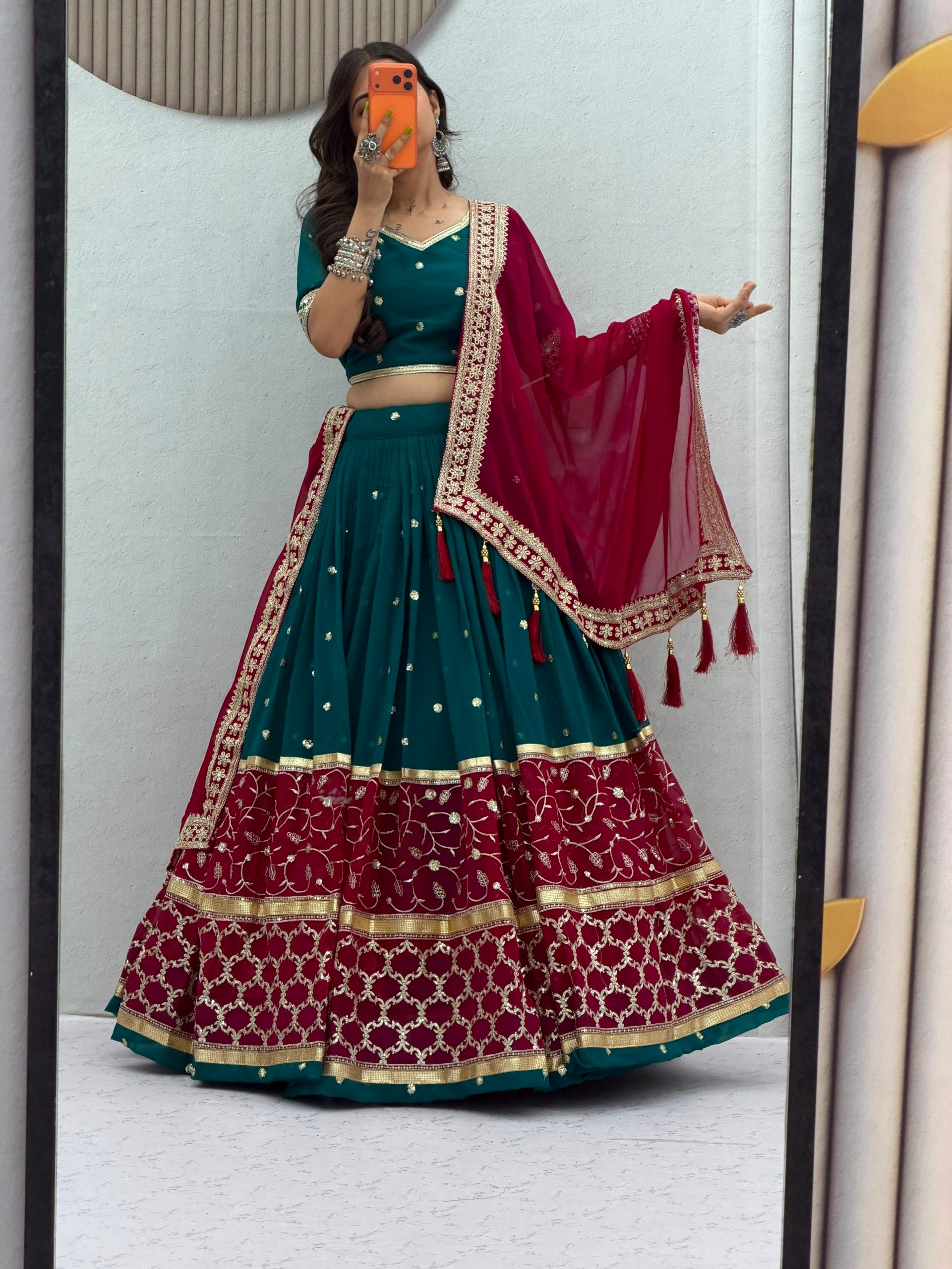 Teal Blue & Wine Fox Georgette Navratri Lehenga Choli with Embroidered Dupatta