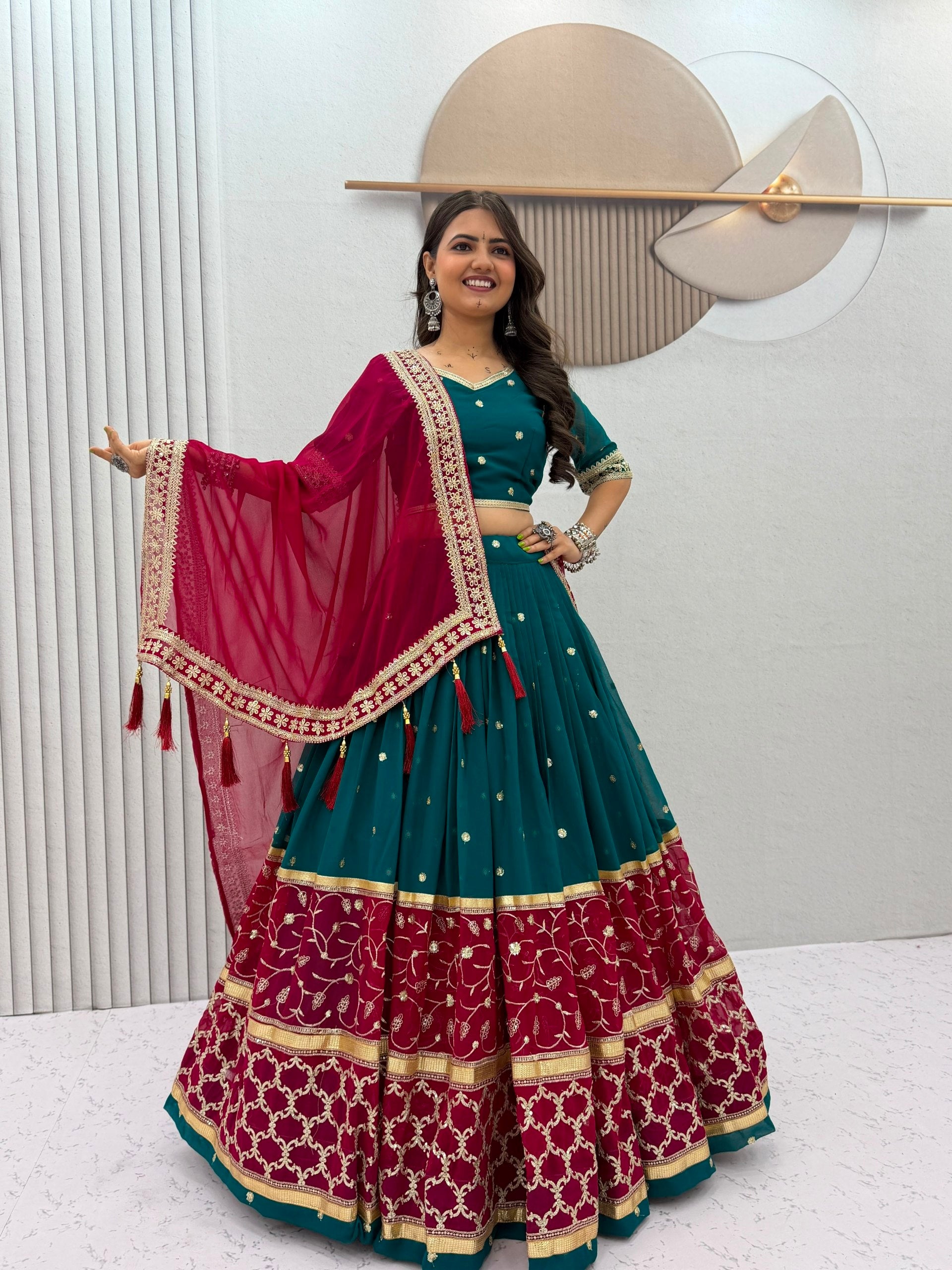 Teal Blue & Wine Fox Georgette Navratri Lehenga Choli with Embroidered Dupatta