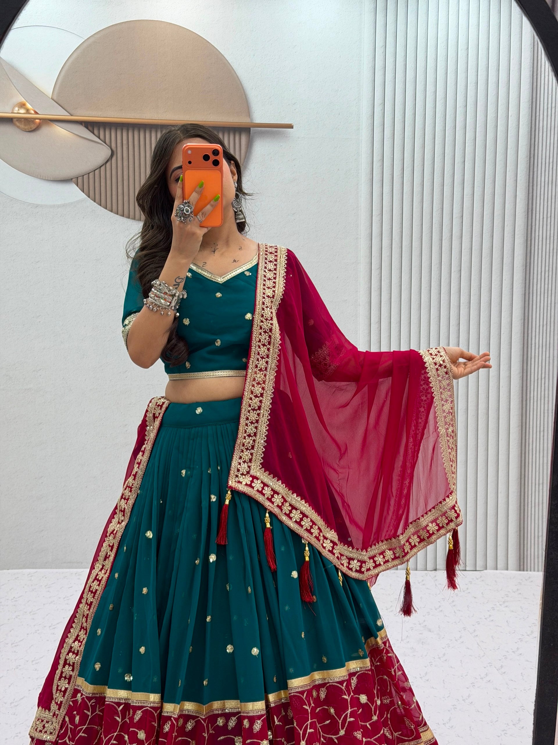 Teal Blue & Wine Fox Georgette Navratri Lehenga Choli with Embroidered Dupatta
