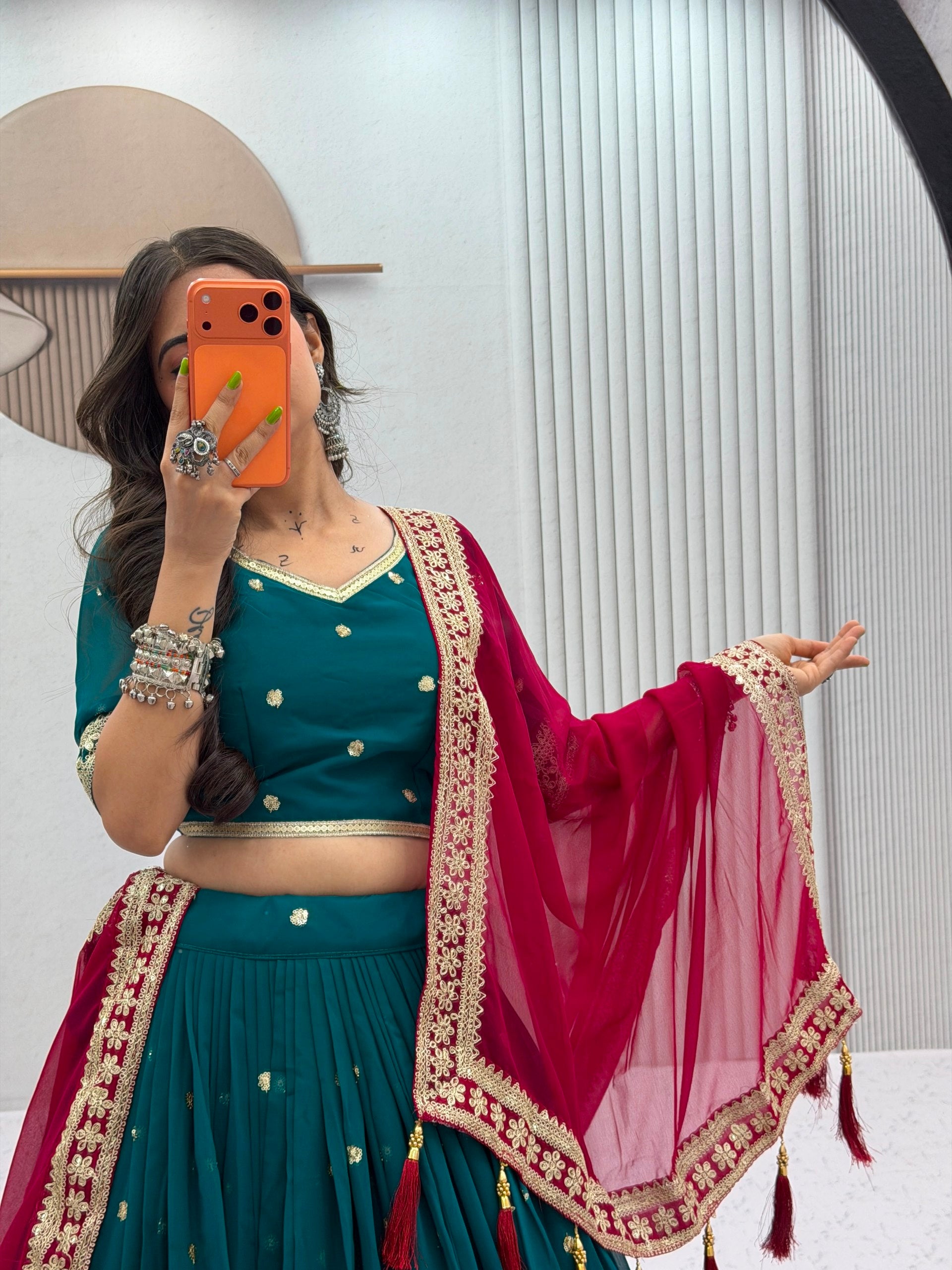 Teal Blue & Wine Fox Georgette Navratri Lehenga Choli with Embroidered Dupatta