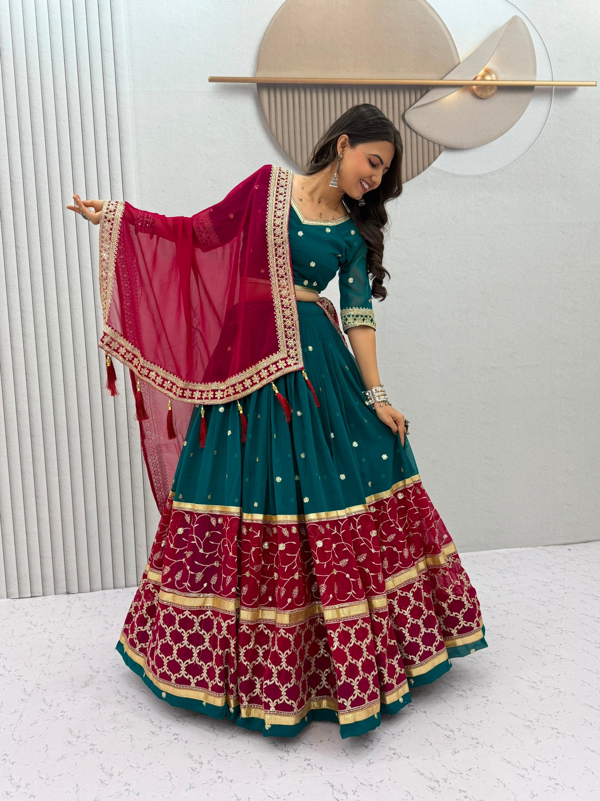 Teal Blue & Wine Fox Georgette Navratri Lehenga Choli with Embroidered Dupatta